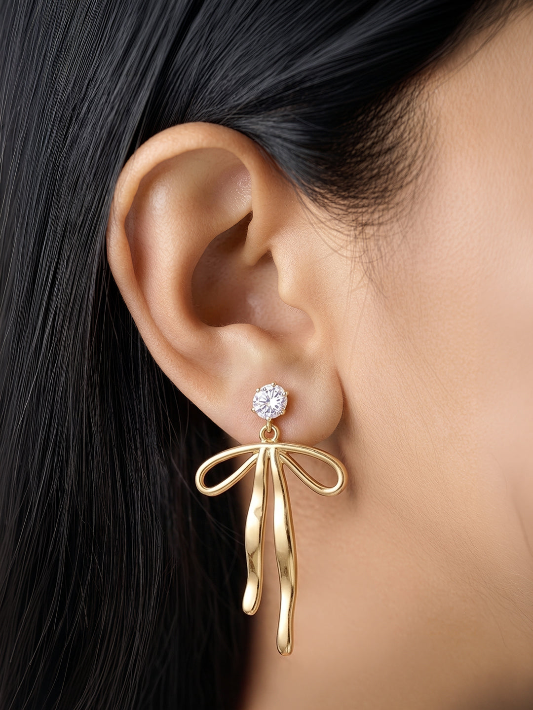 Helina Ribbon Solitaire Diamond Drop 18K Gold Plated Women's Earrings