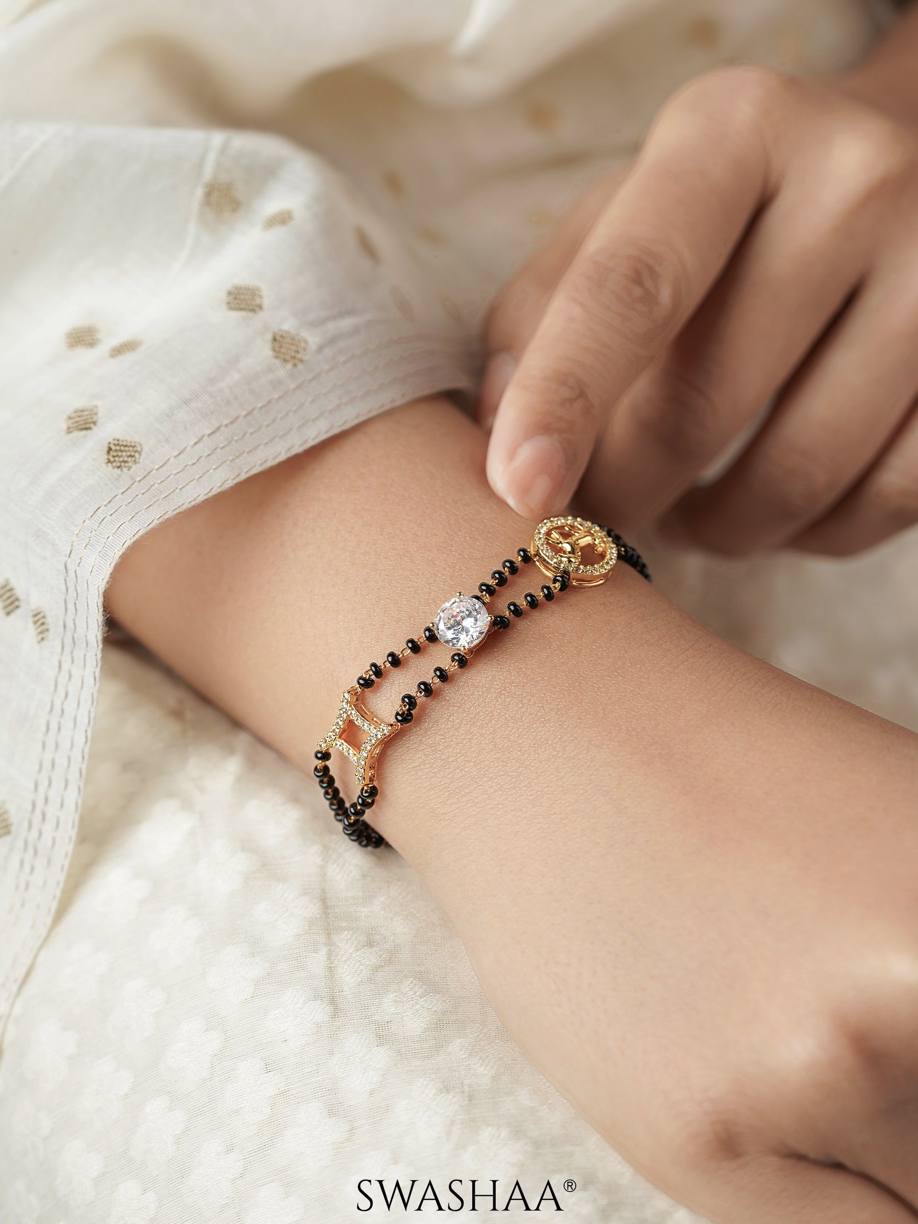 Samaa Sparkling Crystals Horse Motifs Charms 18K Gold Plated Mangalsutra Bracelet