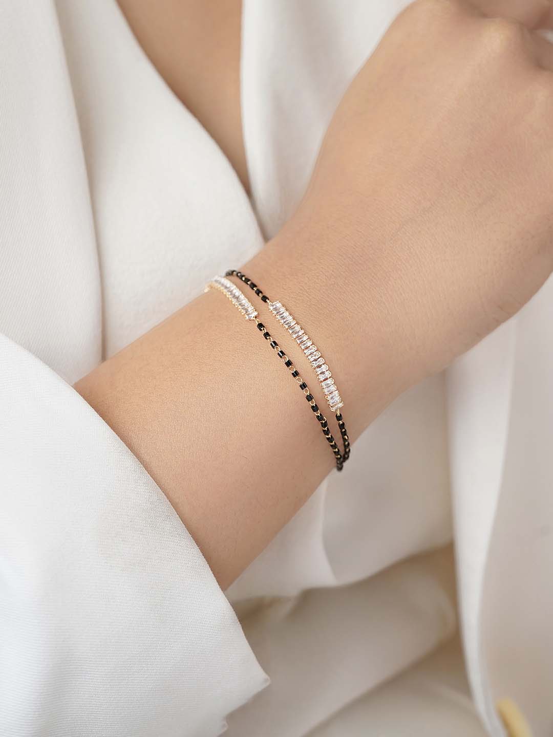 Samiha Baguette Diamond White Dual-Chain 18K Gold Plated Mangalsutra Bracelet