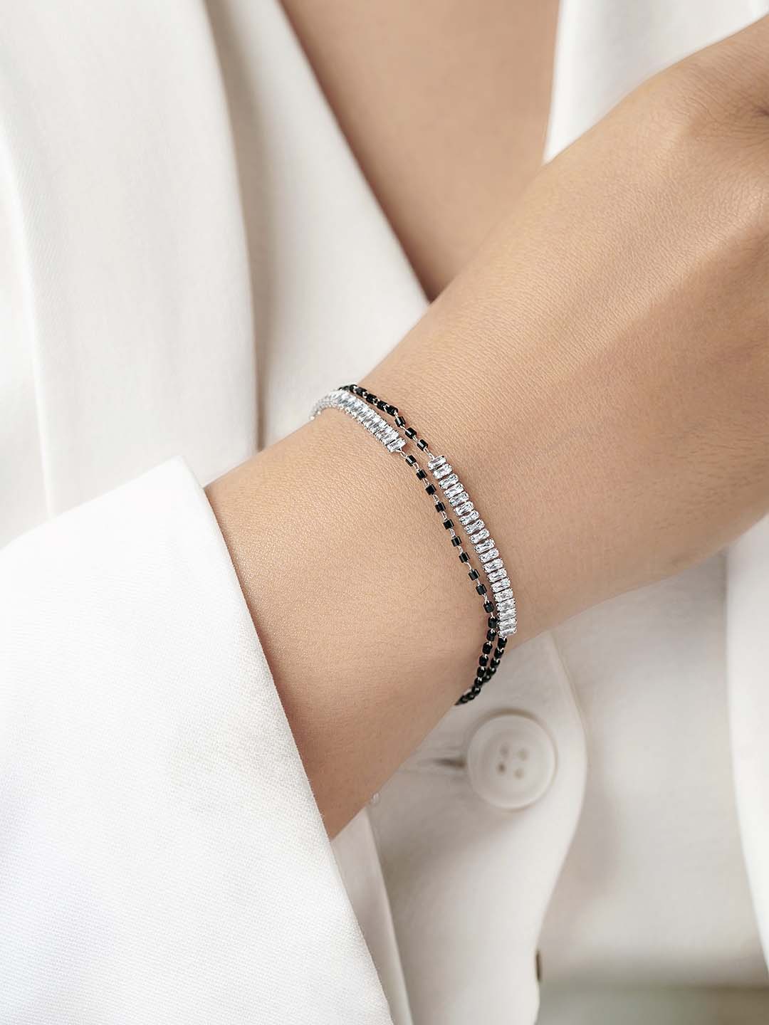 Samiha Baguette Diamond White Dual-Chain Silver Mangalsutra Bracelet