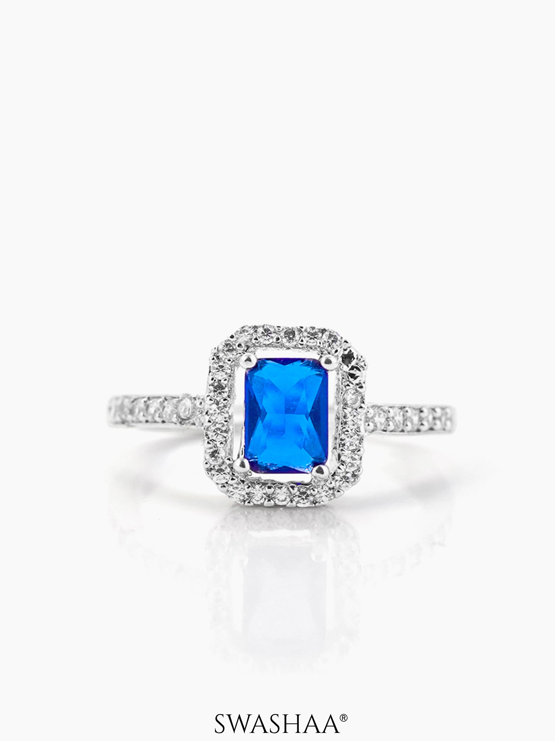 Sapphire Sky Blue Diamond Rectangular Stone Adjustable Silver Ring