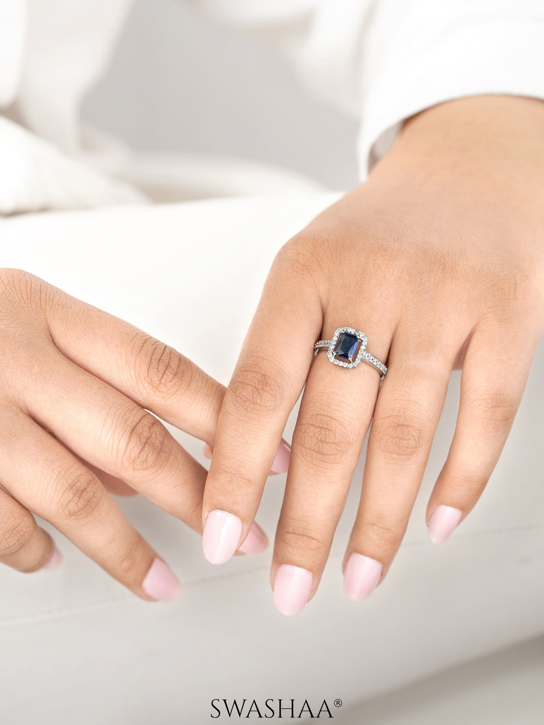 Sapphire Sky Blue Diamond Rectangular Stone Adjustable Silver Ring