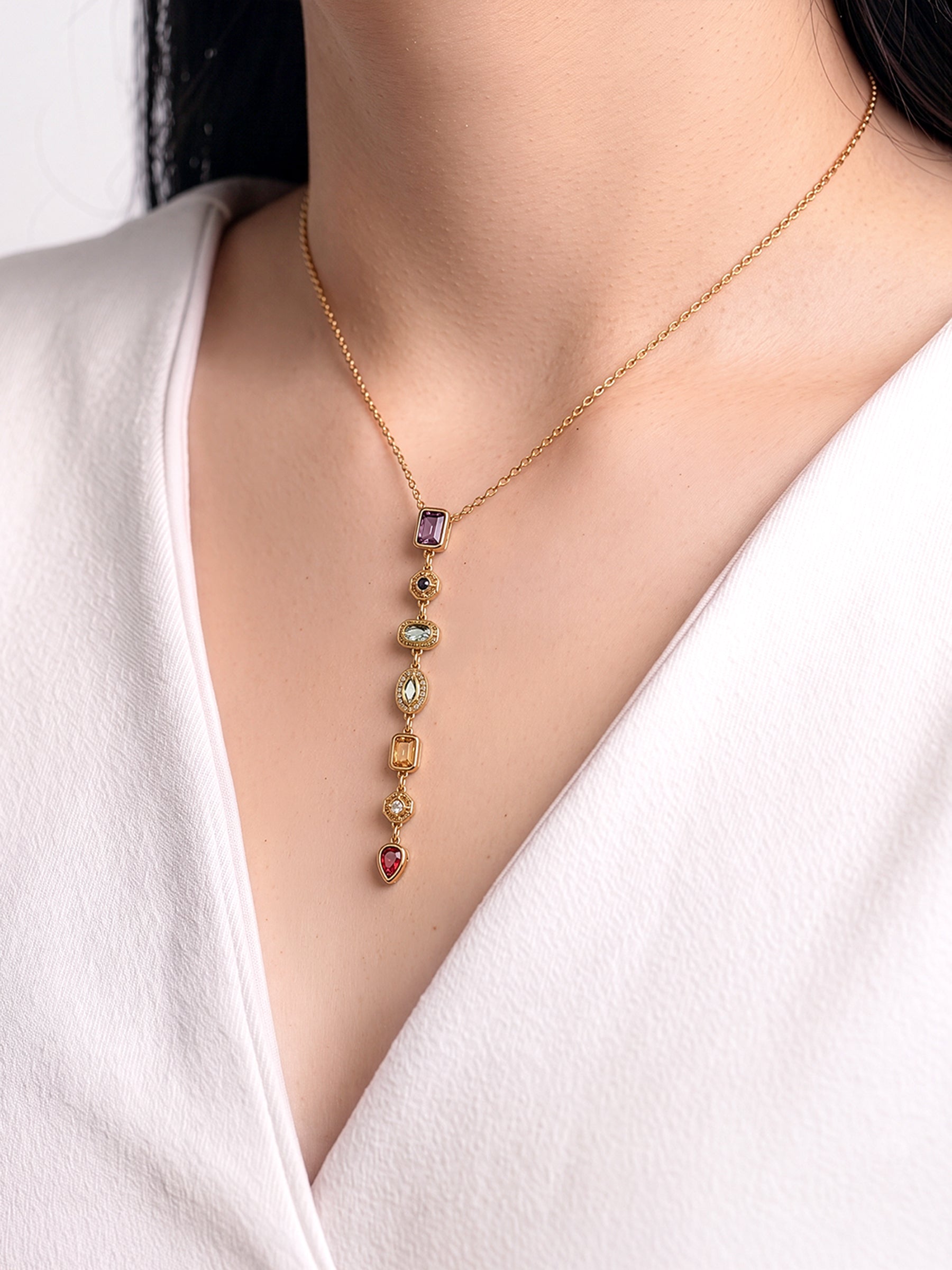 Sarelia Geometric - Pear Shape 18K Gold Plated Multi Diamond Solitaire Women's Y - Shaped Chain Pendant Necklace