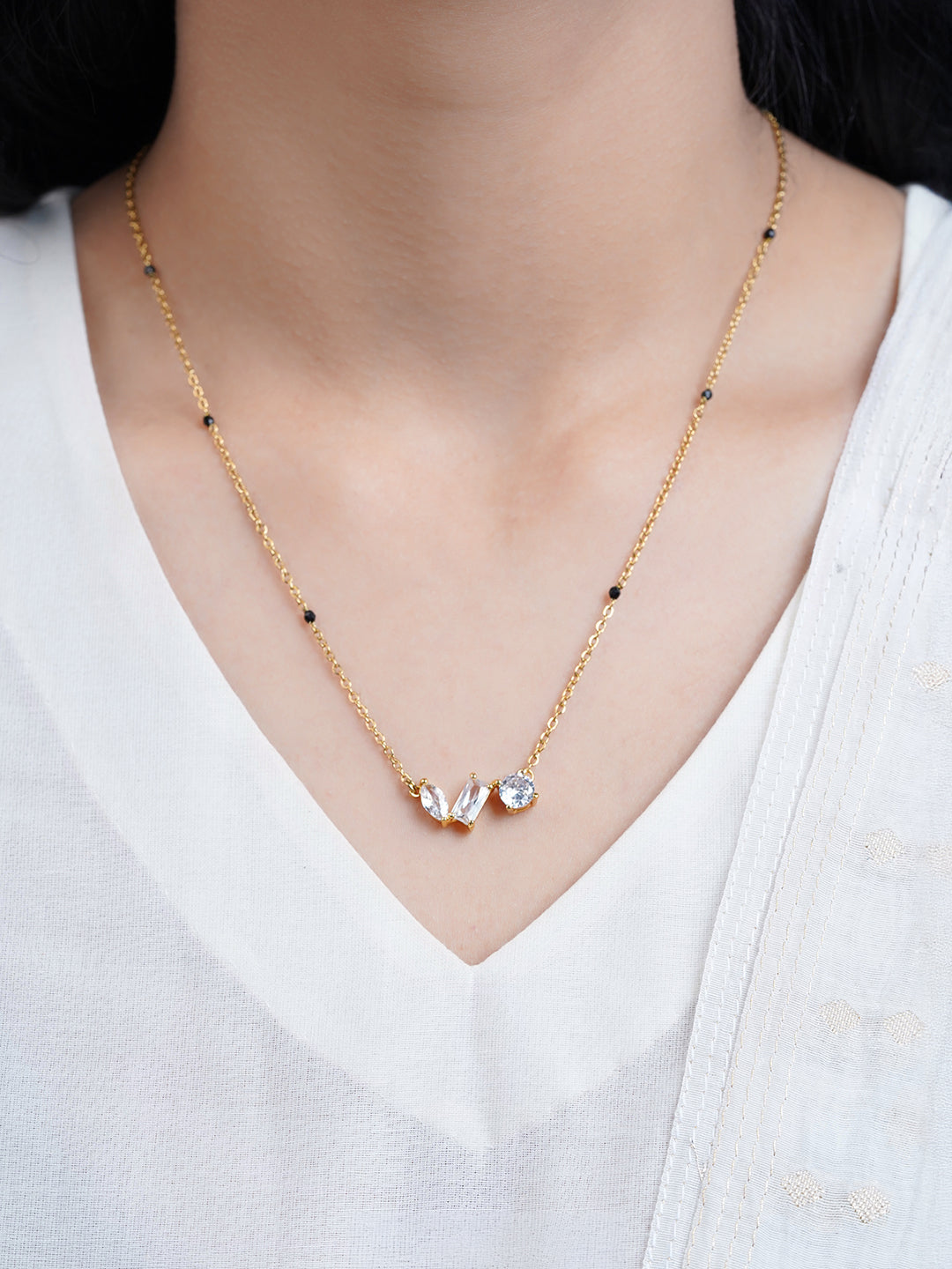Sarika Trio Cluster Marquise Baguette Round Diamond 18K Gold Plated Mangalsutra
