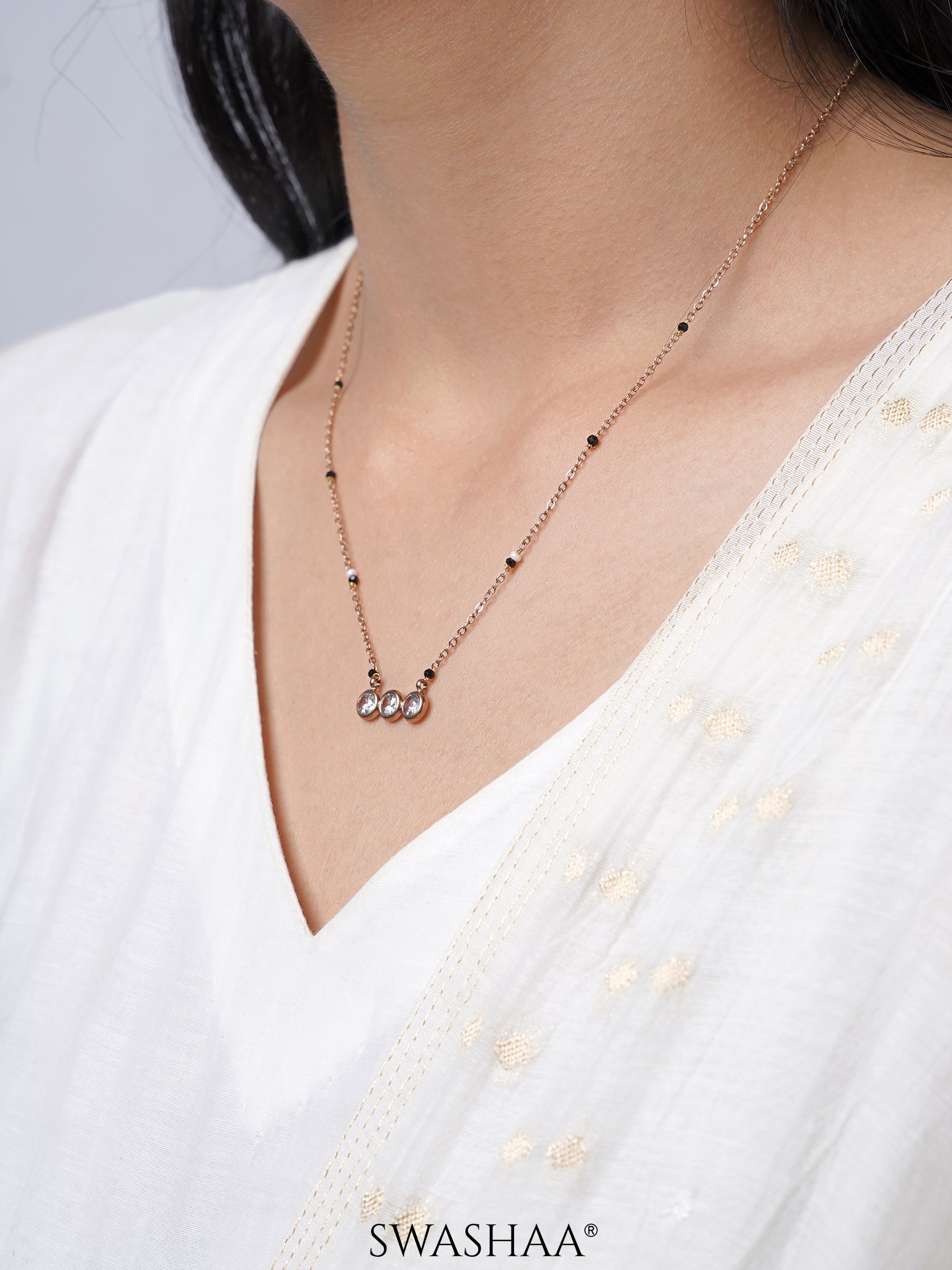 Sarka Trio Diamond Studs Rosegold Plated Mangalsutra