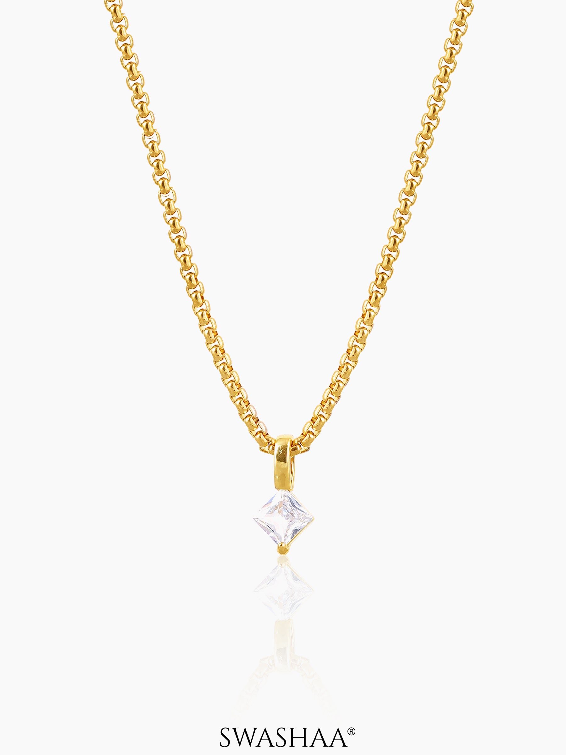 Seana Square Cut Diamond Charm 18K Gold Plated Chain Pendant Necklace