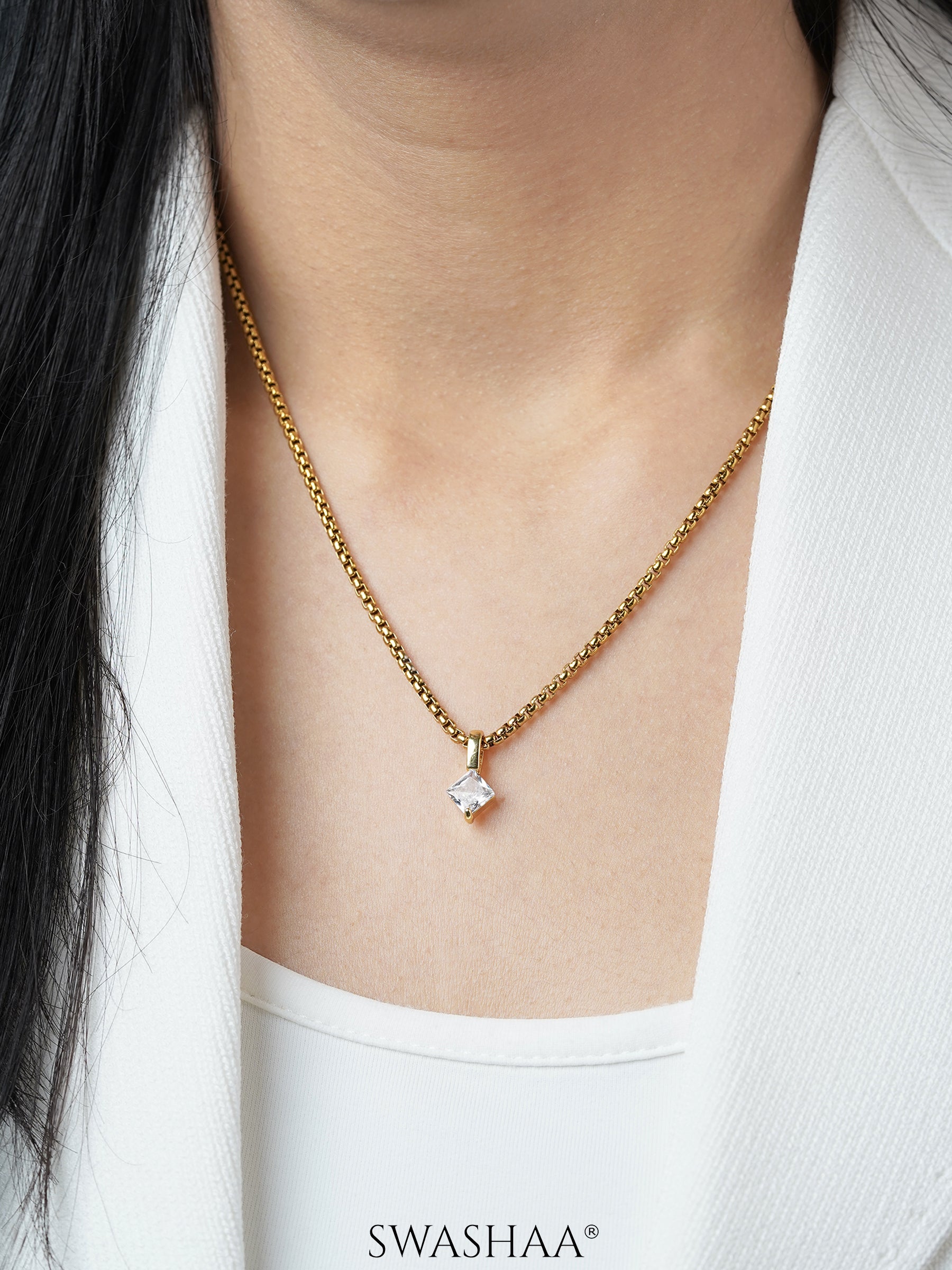 Seana Square Cut Diamond Charm 18K Gold Plated Chain Pendant Necklace