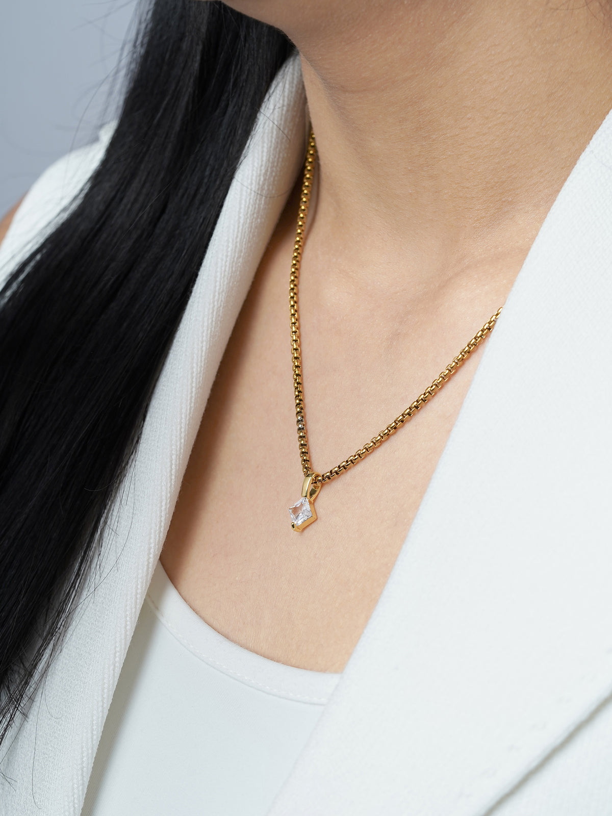 Seana Square Cut Diamond Charm 18K Gold Plated Chain Pendant Necklace