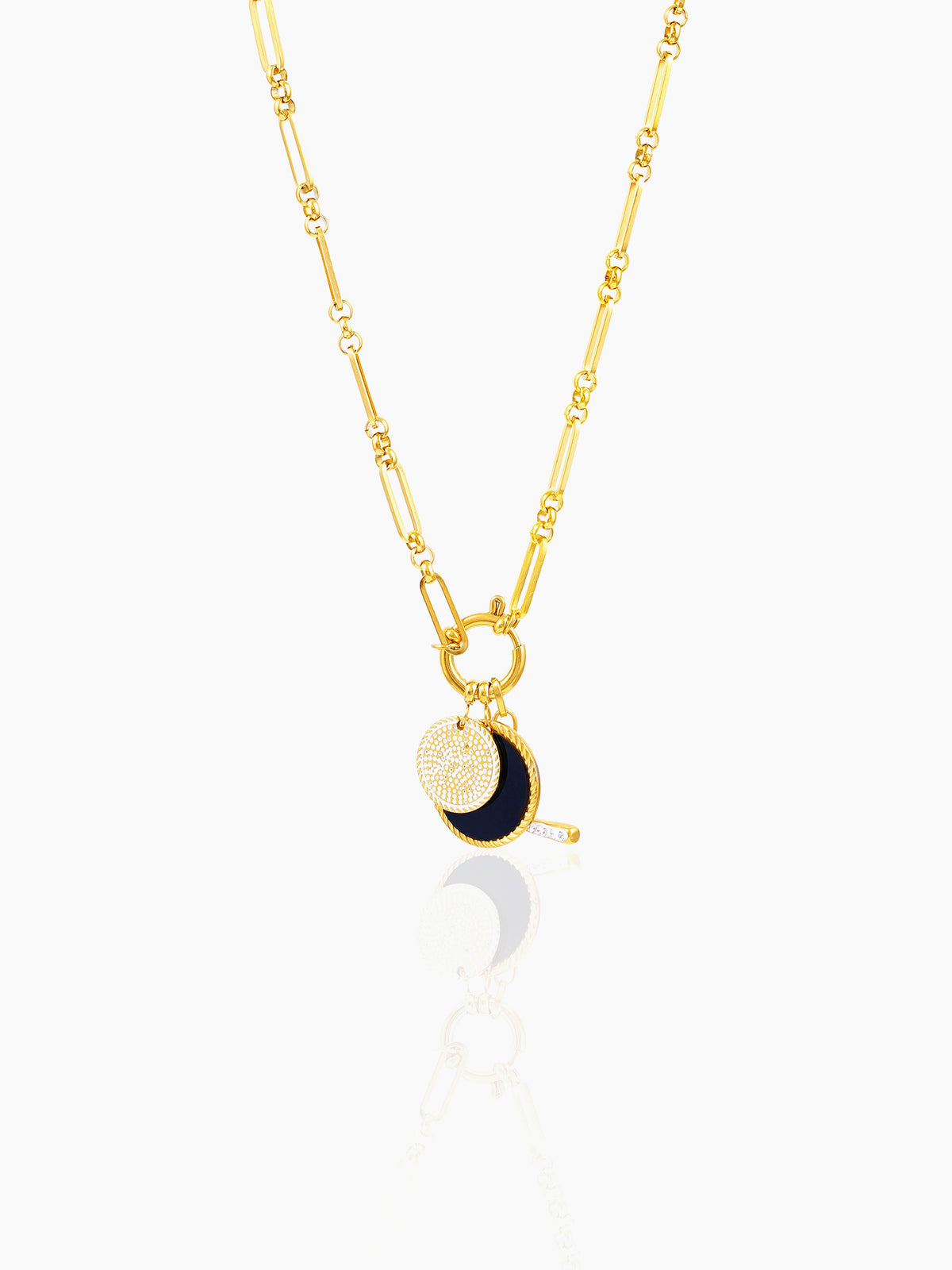 Selene Dual Coin Pave drop charms 18K Gold Plated Necklace
