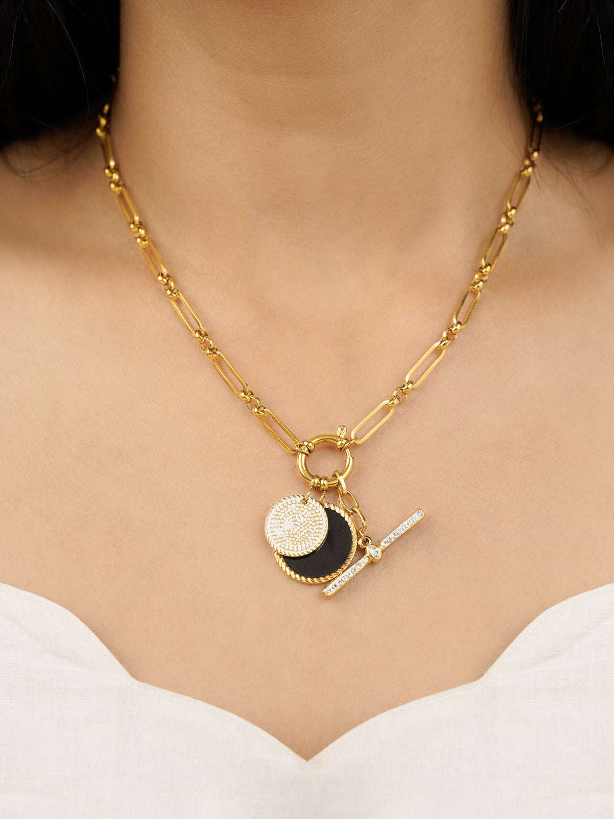 Selene Dual Coin Pave drop charms 18K Gold Plated Necklace