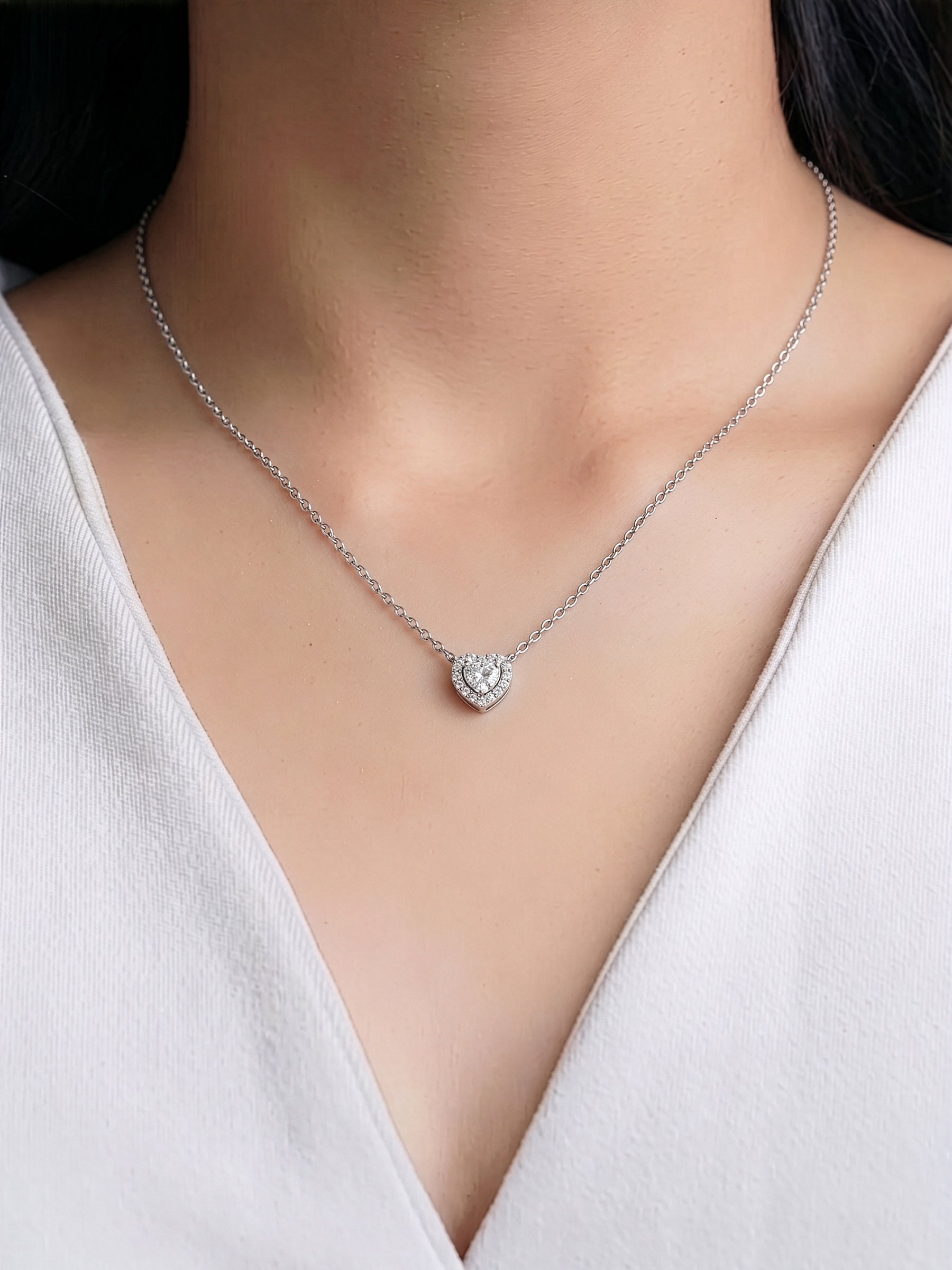 Selvara Heart Charm Diamond Solitaire Silver Women's Chain Necklace