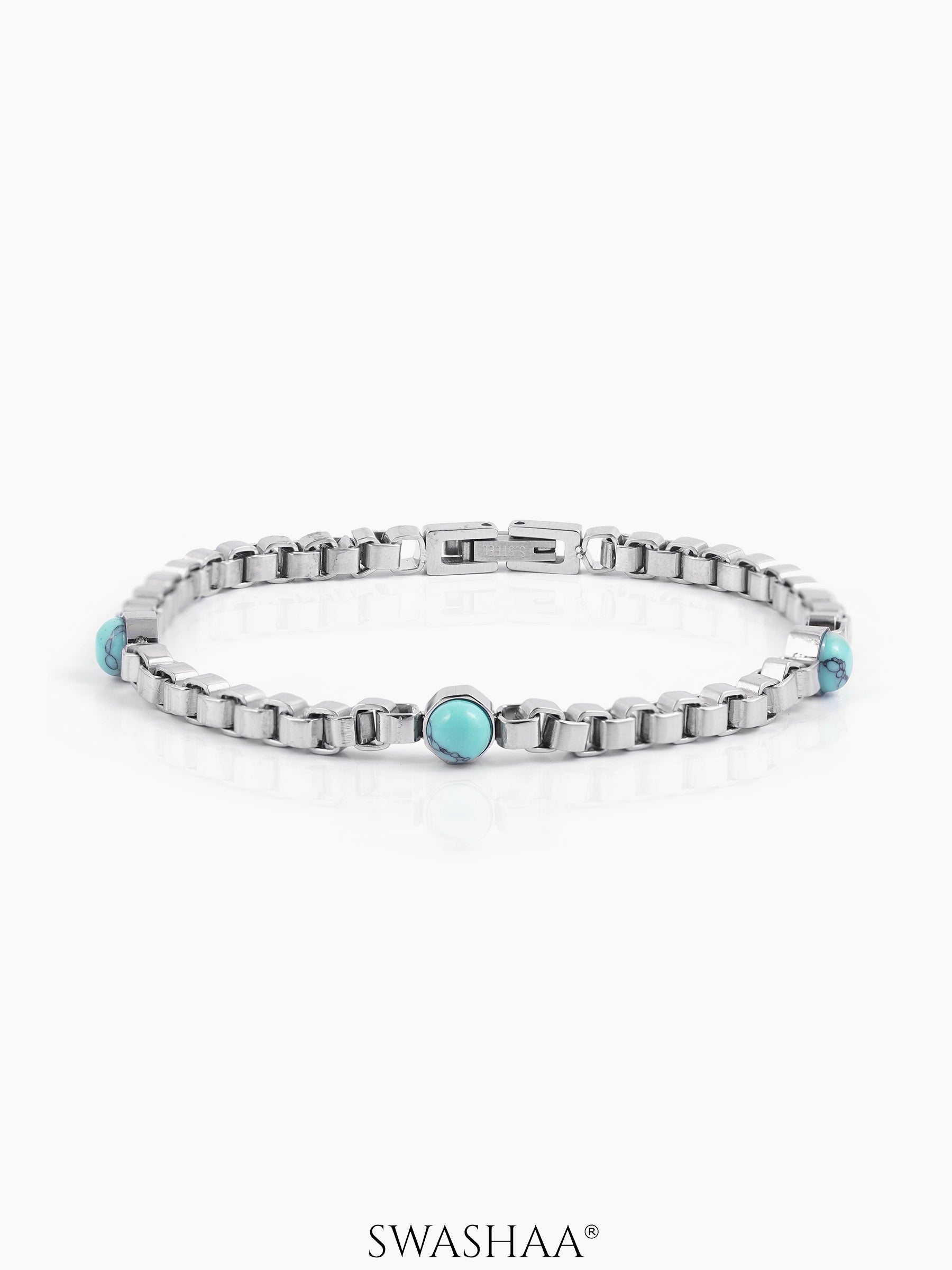Serene Box Link Band Three Turquoise Enamel Silver Men's Bracelet