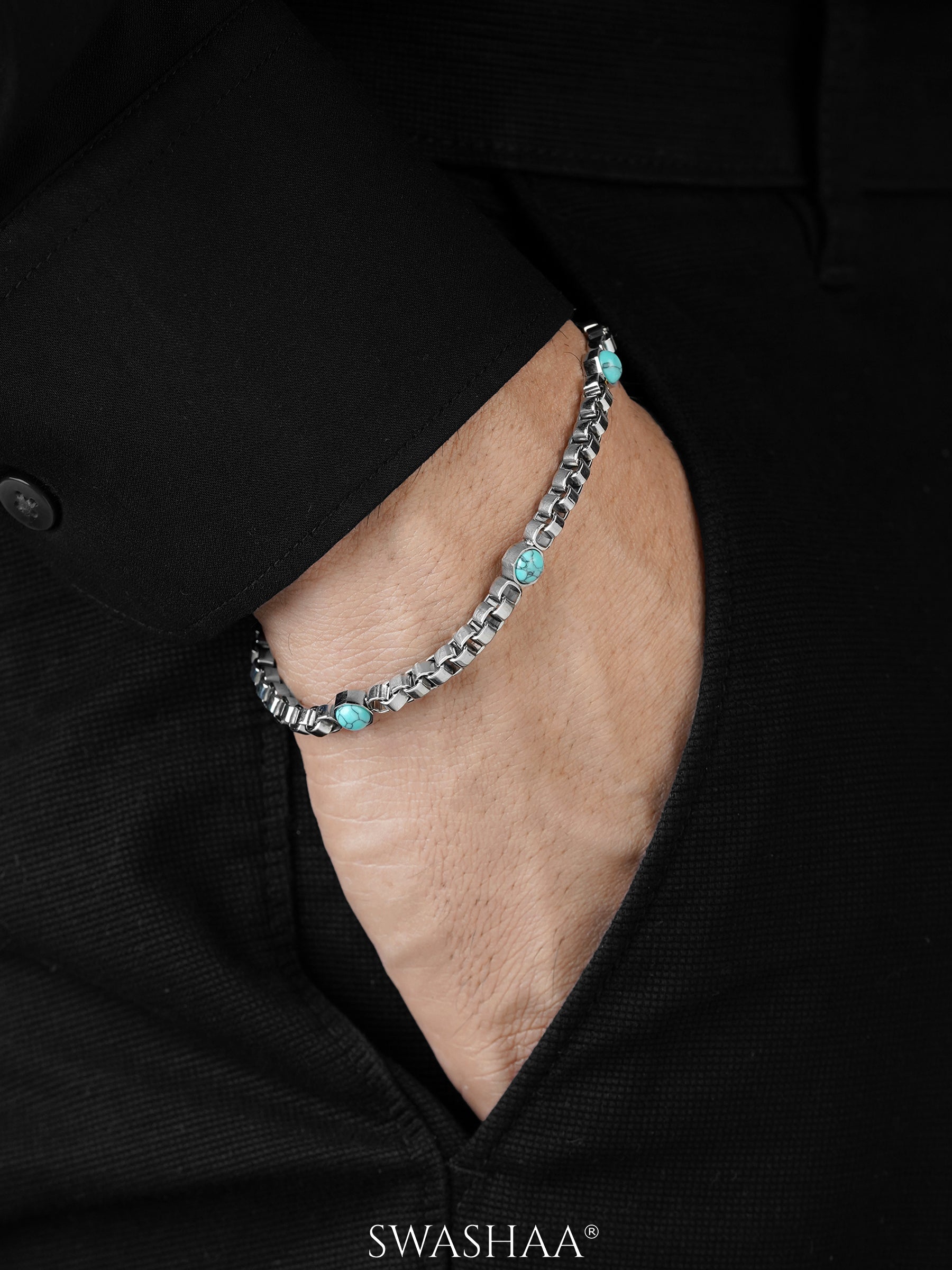 Serene Box Link Band Three Turquoise Enamel Silver Men's Bracelet