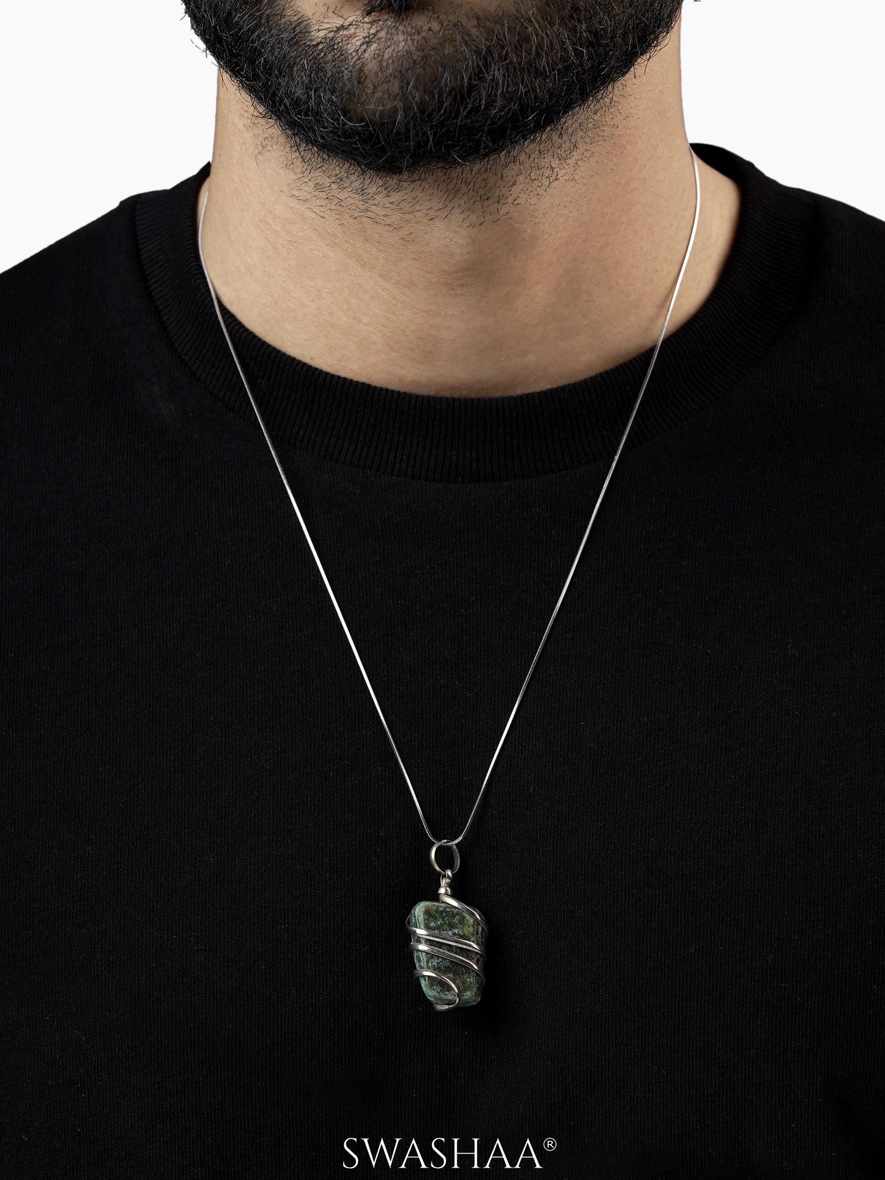 Serenity Wire Wrapped Tumble Silver Men's Chain Pendant | Natural Stone