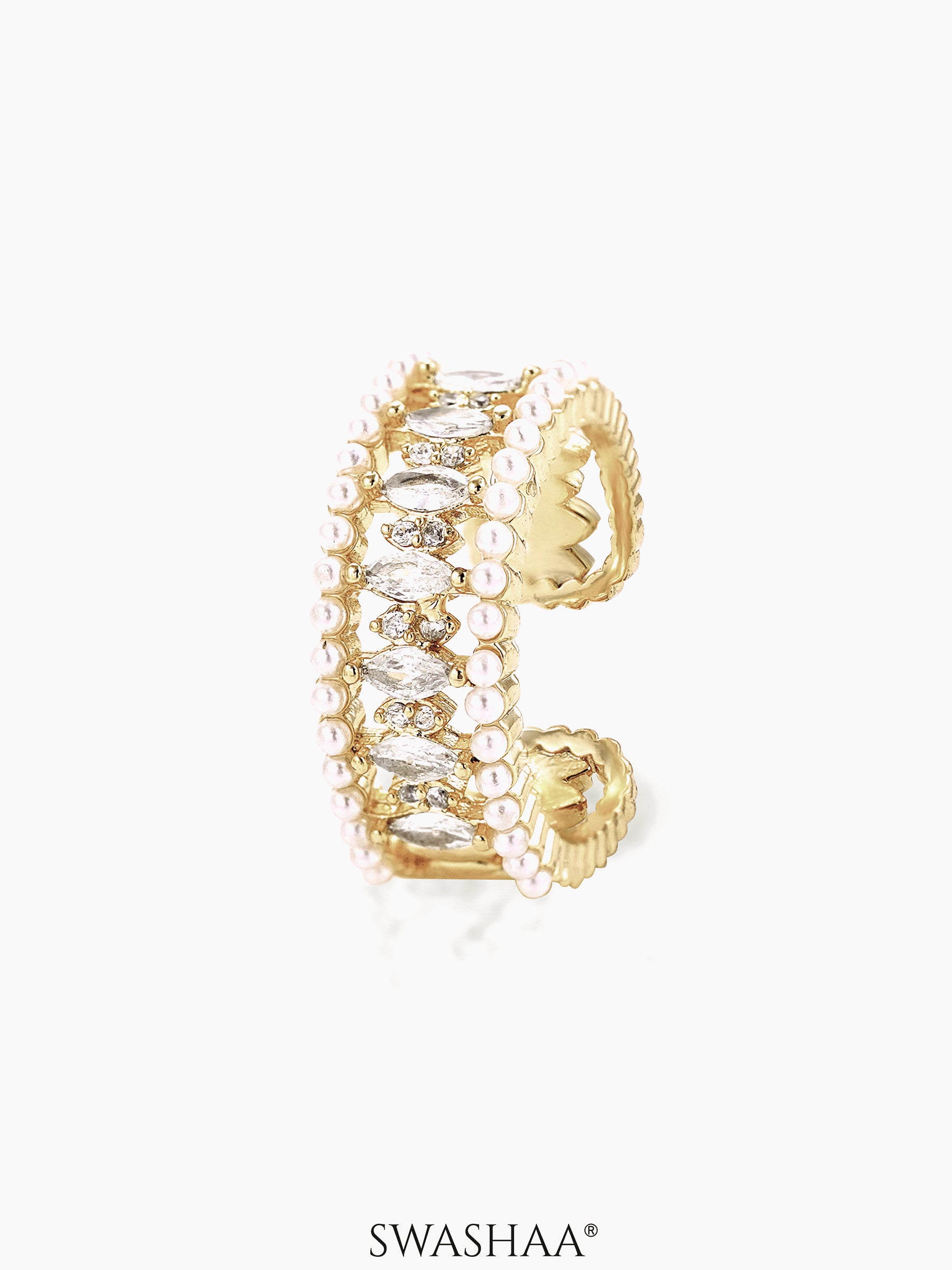 Serenity Marquise Diamonds Pearls 14K Gold Plated Ring