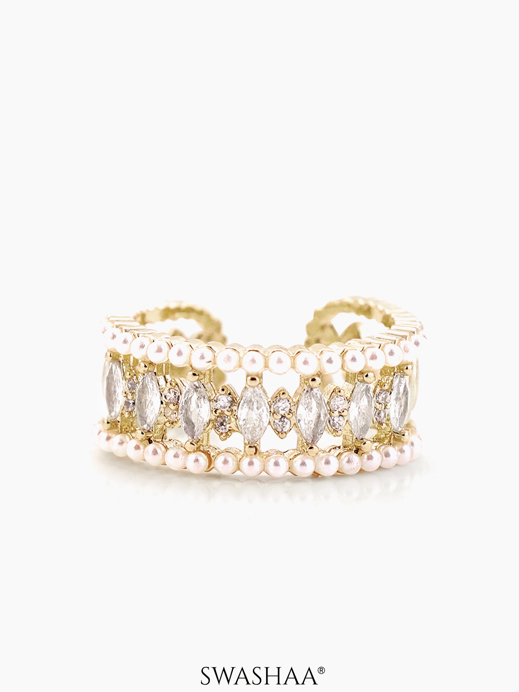 Serenity Marquise Diamonds Pearls 14K Gold Plated Ring