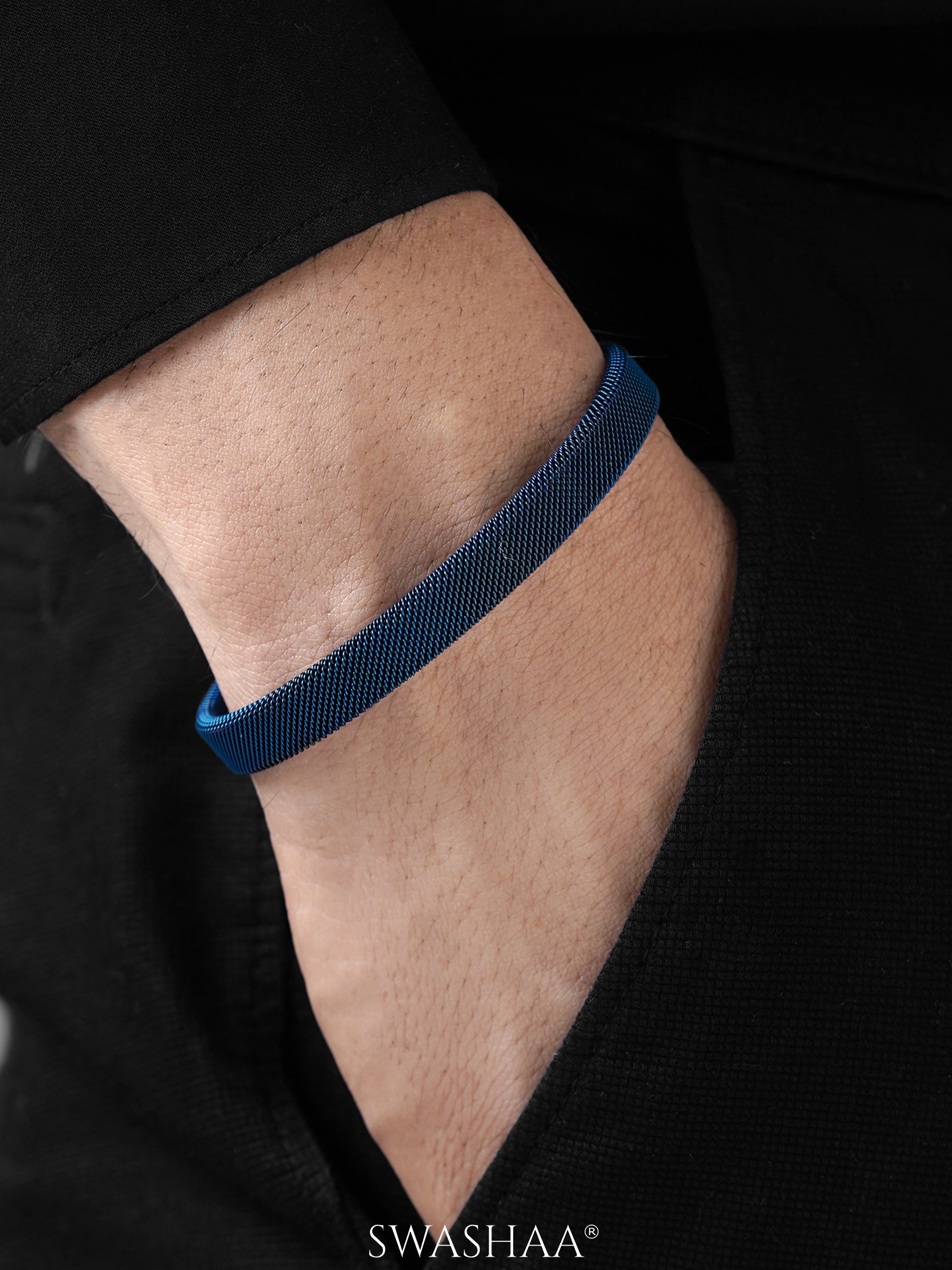 Mesh Fine Textured Blue Cuff Men's Bracelet