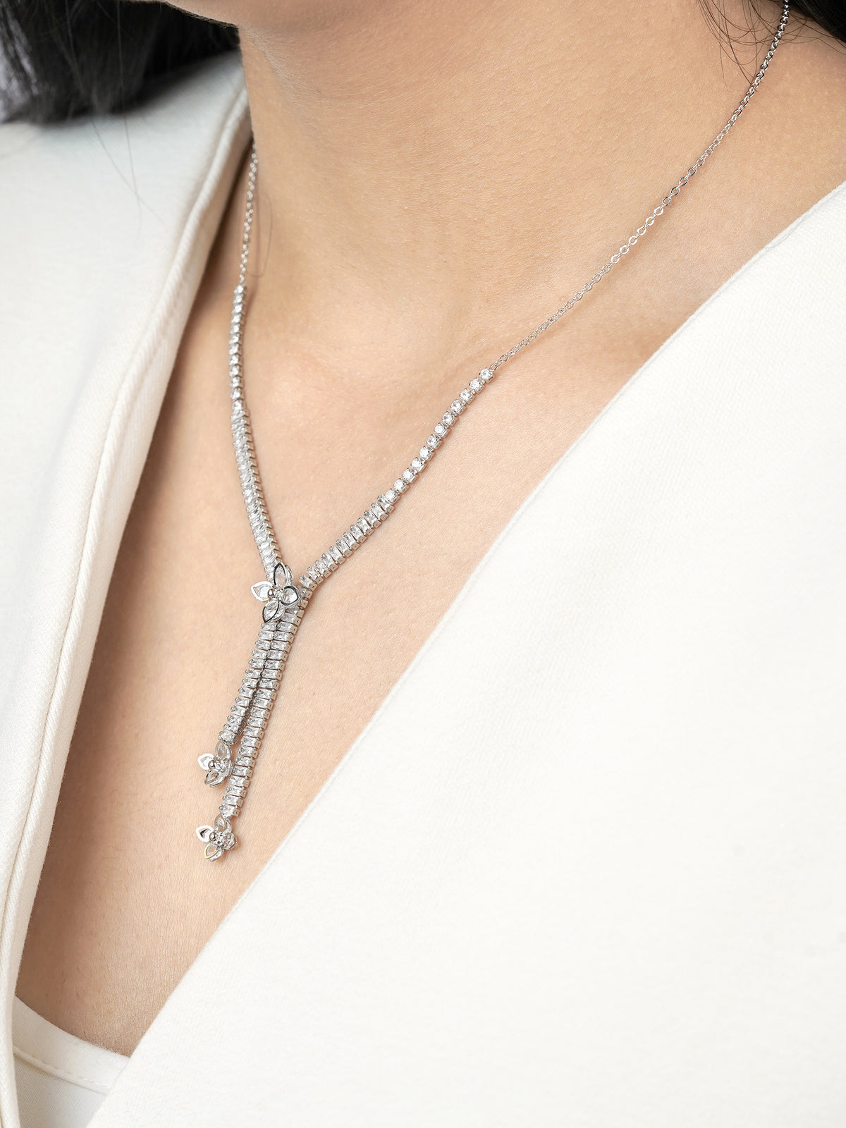 Shanon Clover Charm Y-shaped Silver Necklace