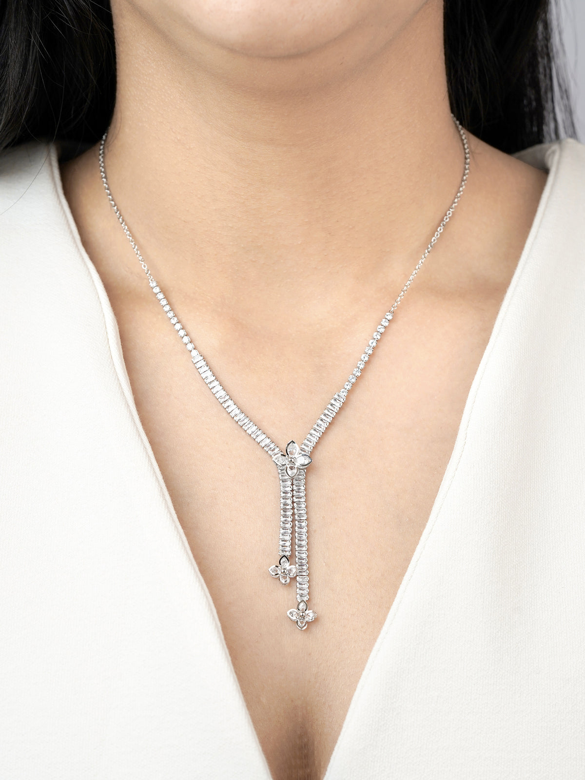 Shanon Clover Charm Y-shaped Silver Necklace