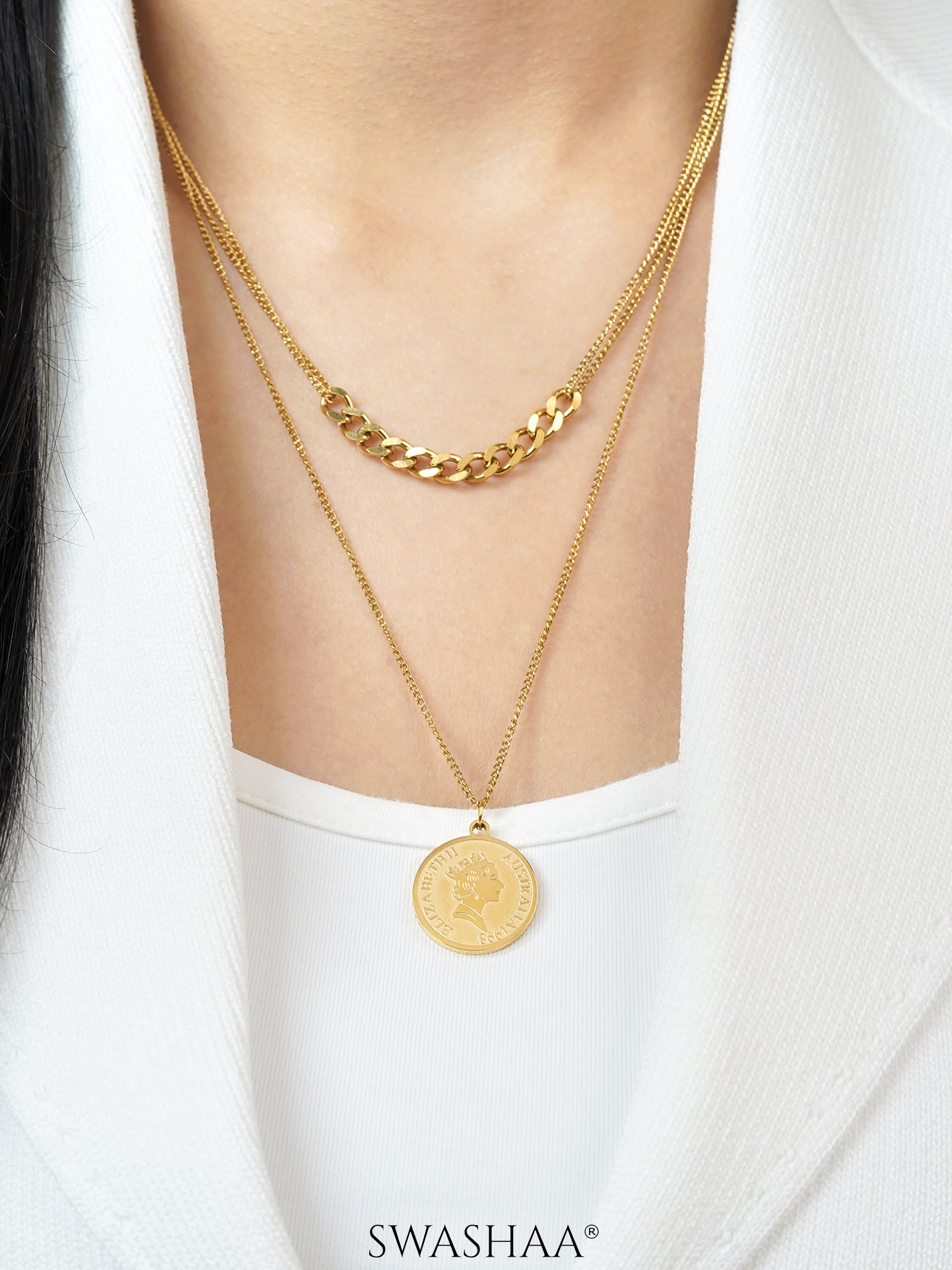Shina Layered Queen 18K Gold Plated Chain Coin Pendant Necklace