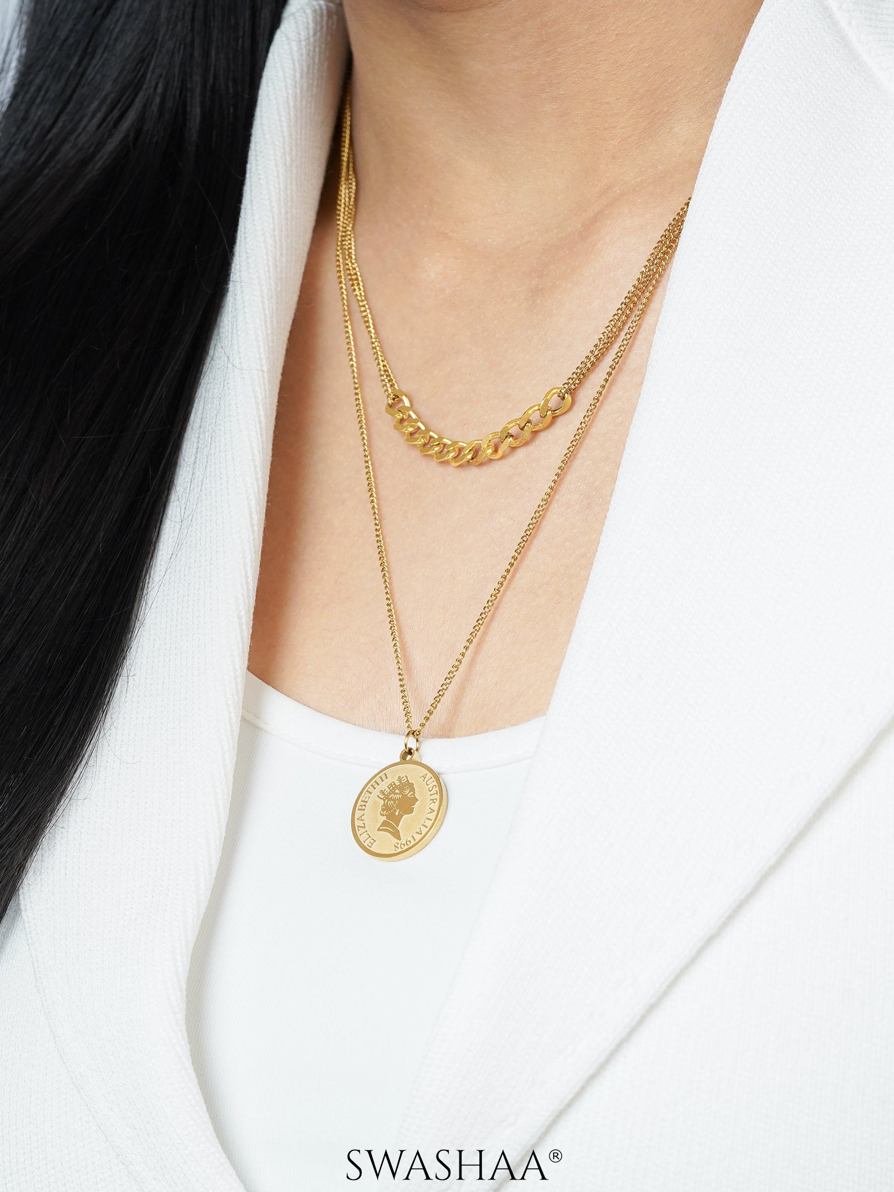 Shina Layered Queen 18K Gold Plated Chain Coin Pendant Necklace