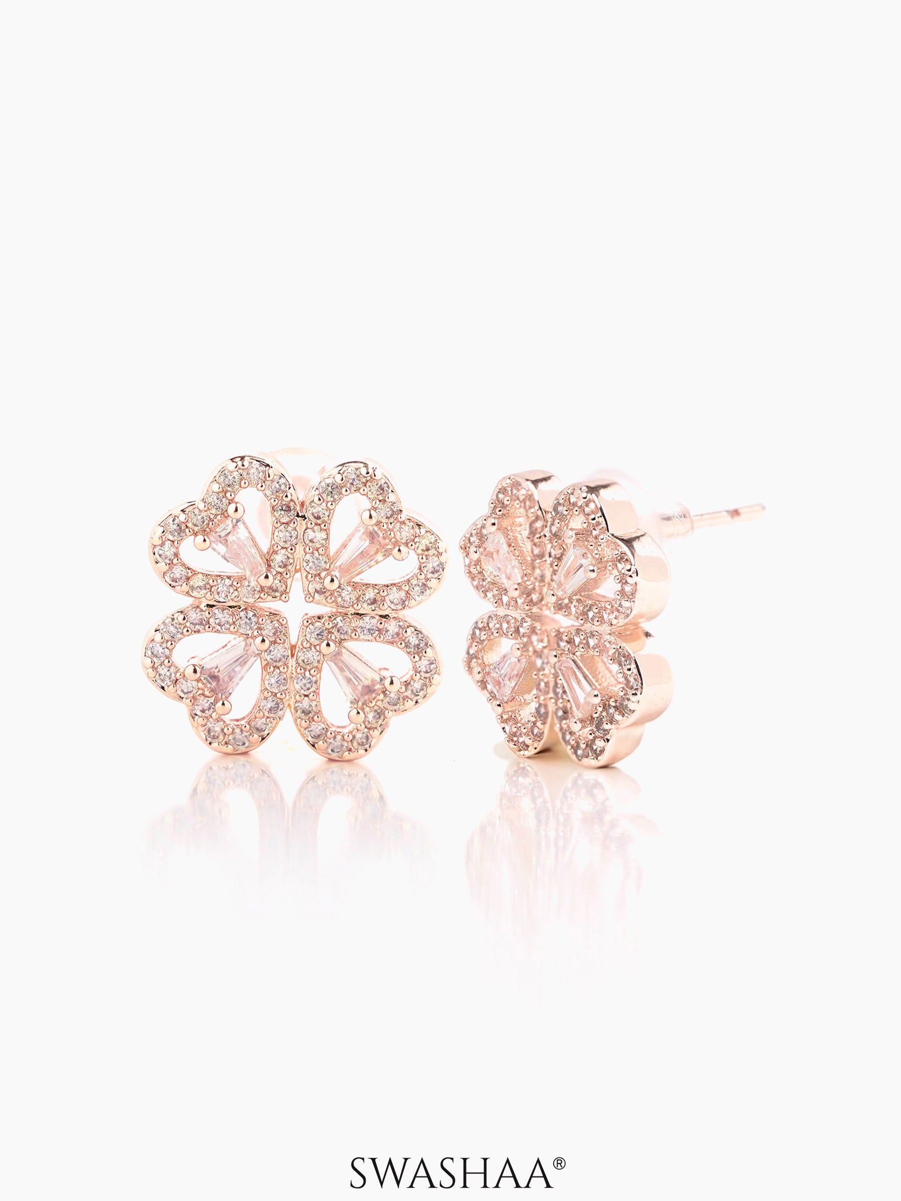 Shiny Clover Flower Heart Rosegold Plated Stud Earrings