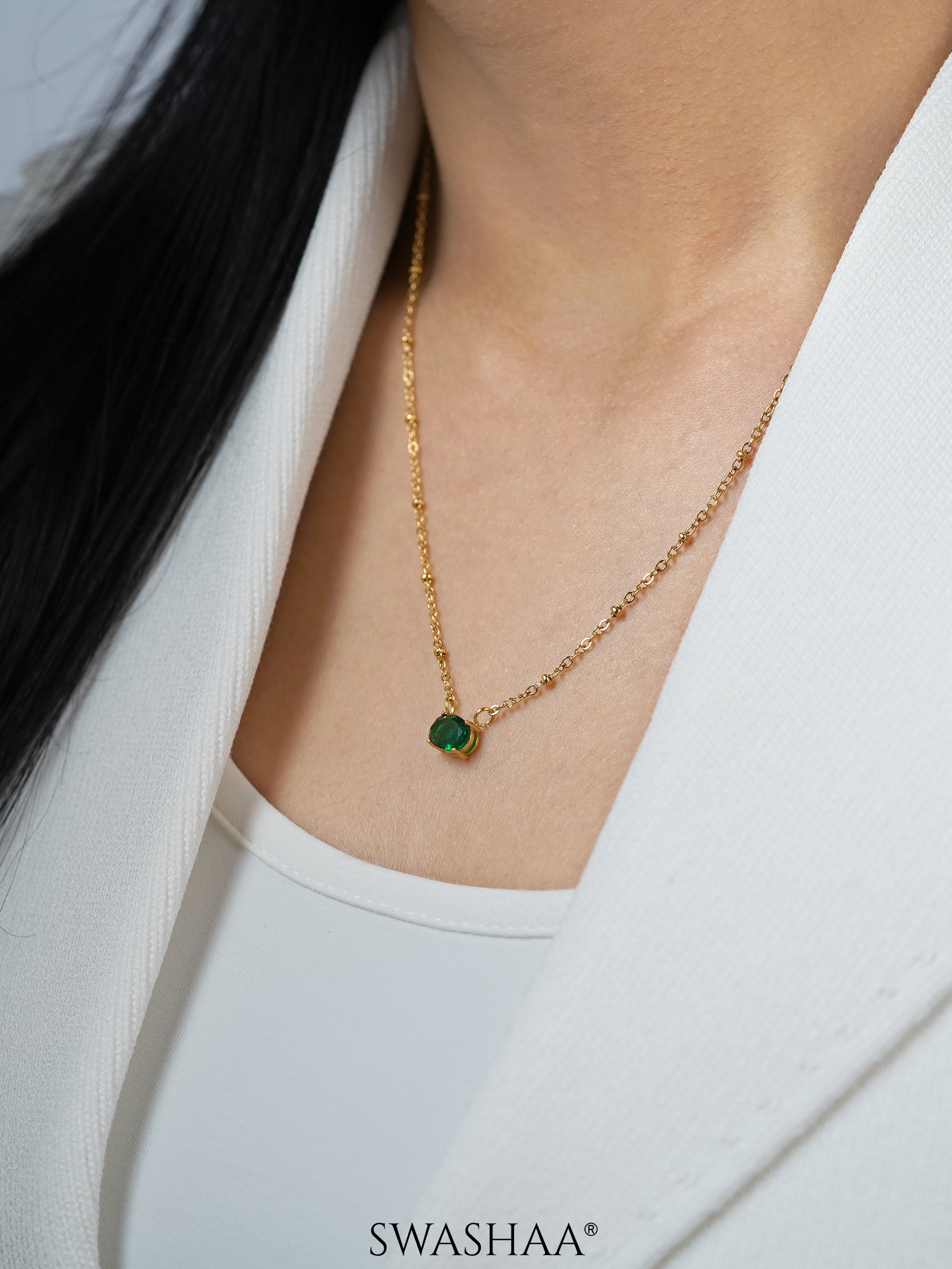 Sierra Solitaire Green Stone 18K Gold Plated Necklace