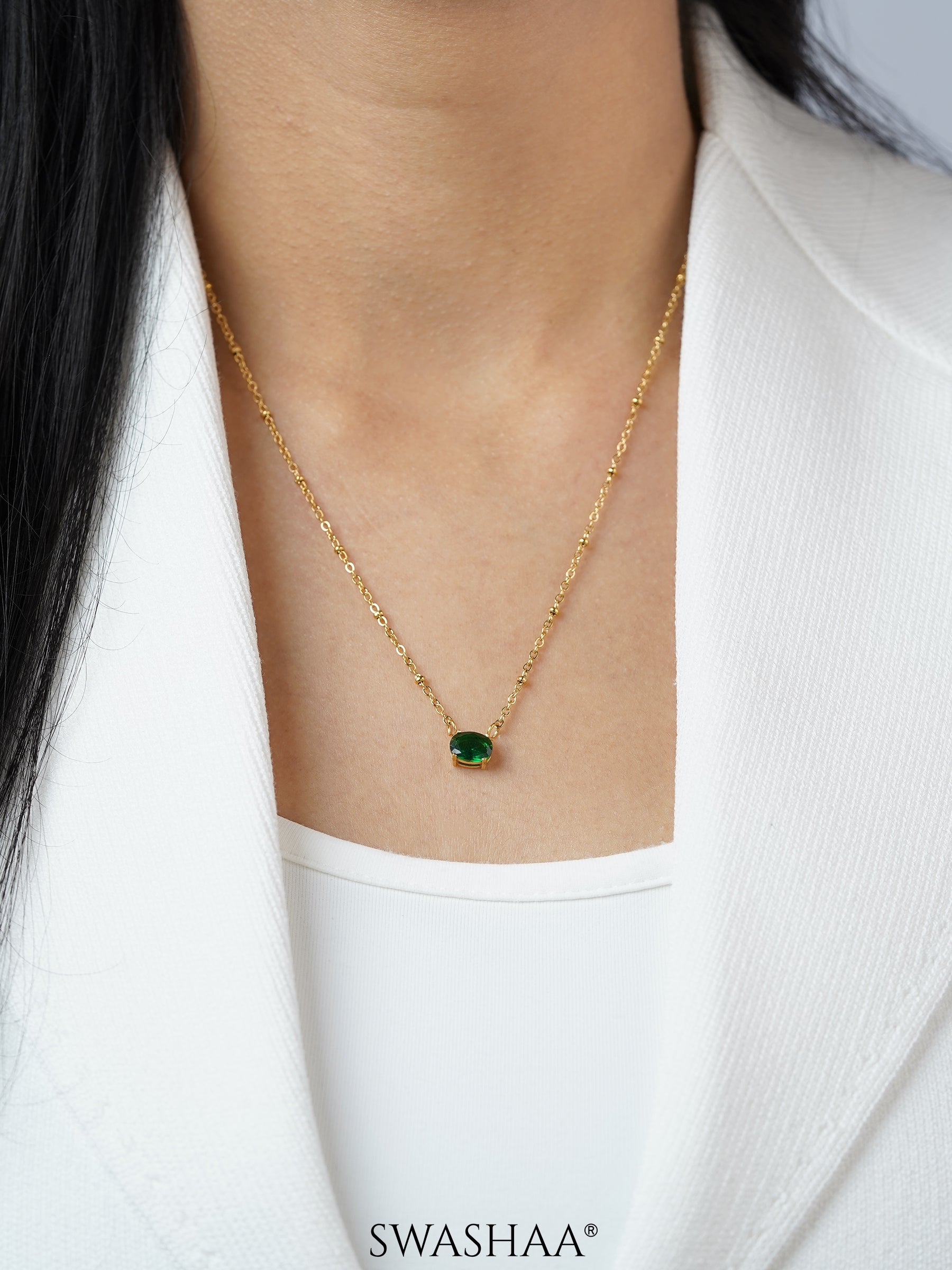Sierra Solitaire Green Stone 18K Gold Plated Necklace
