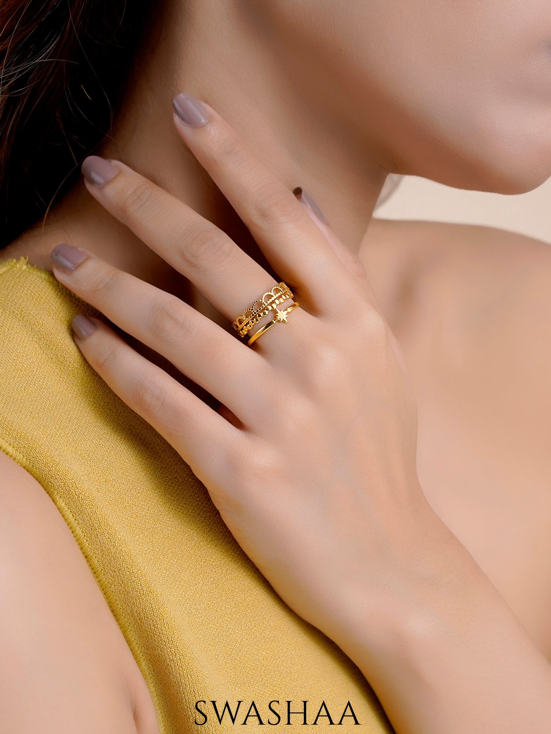 Silas Star Beaded Celestial Layered Adjustable 18K Gold Plated Ring