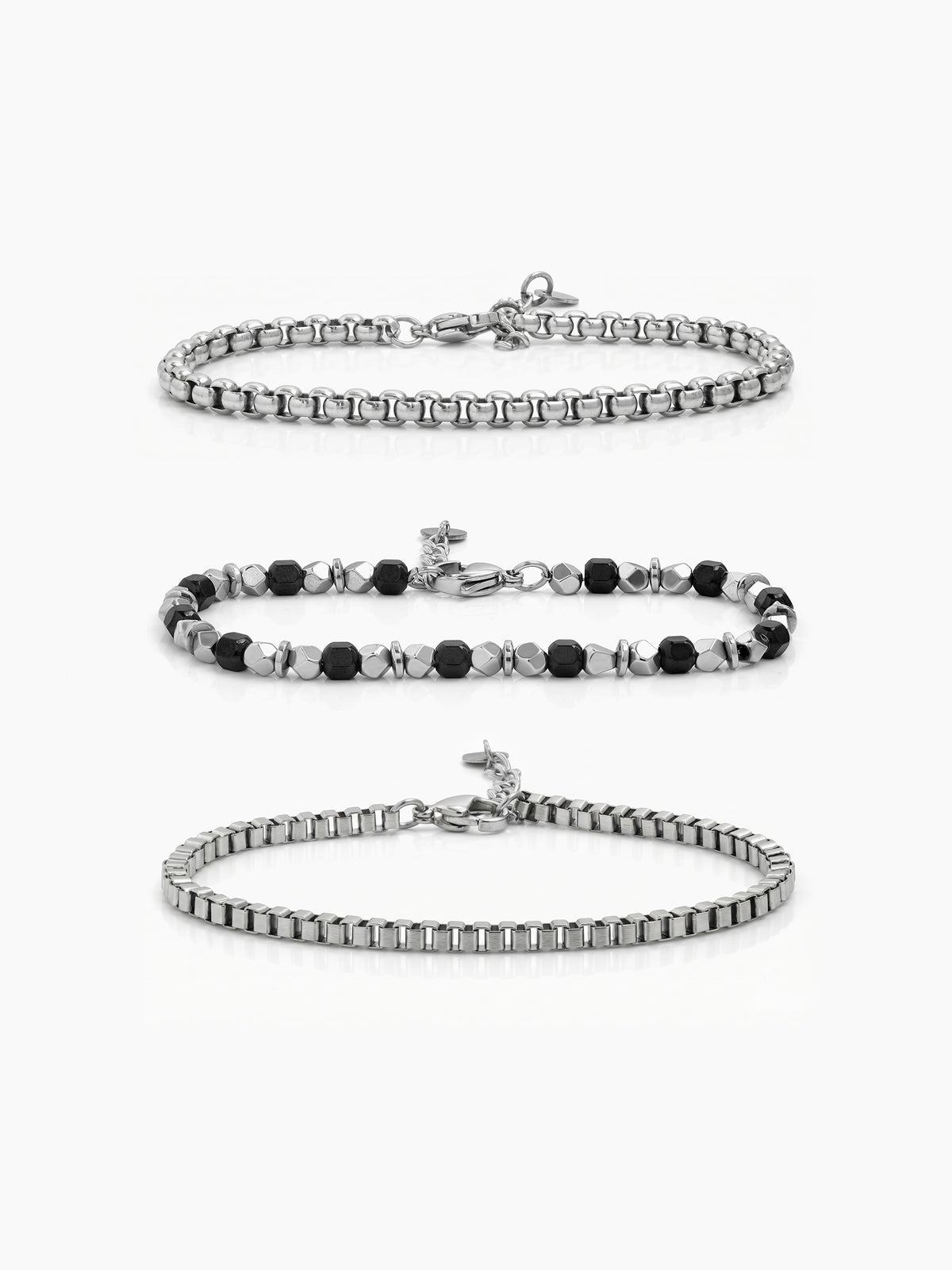 Simor Beaded Box Chain Round Box Beaded Black - Silver Men's Loose Chain Bracelet Set