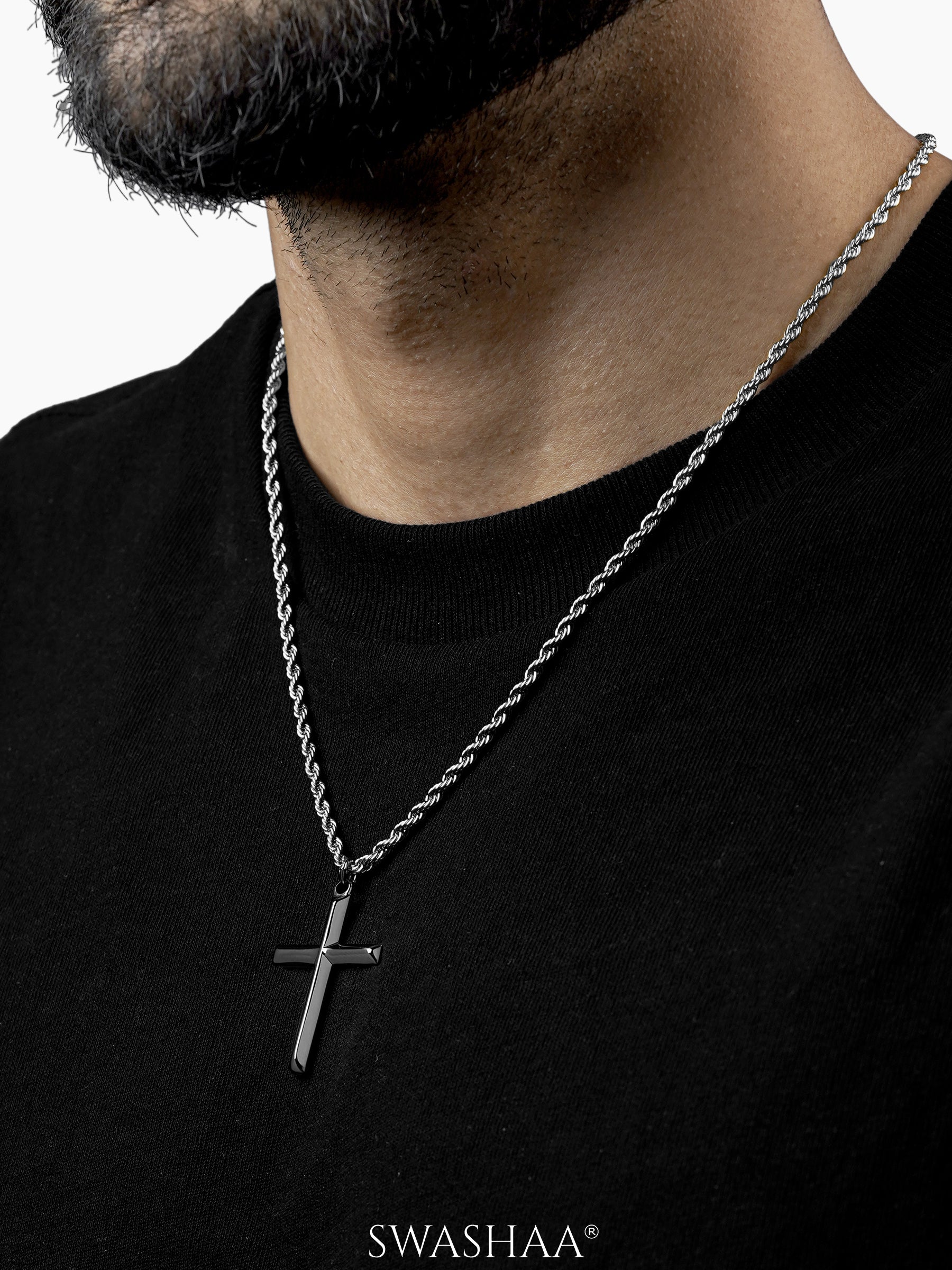 Sion Cross Rope Silver Men's Chain Pendant
