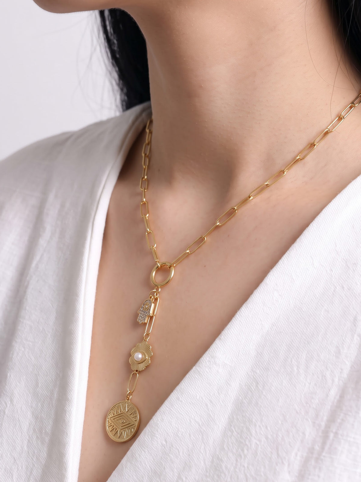 Skolli Diamond Hamsa Evil-Eye Pearl Charms 18K Gold Plated Women's Chain Pendant Y-Shaped Necklace