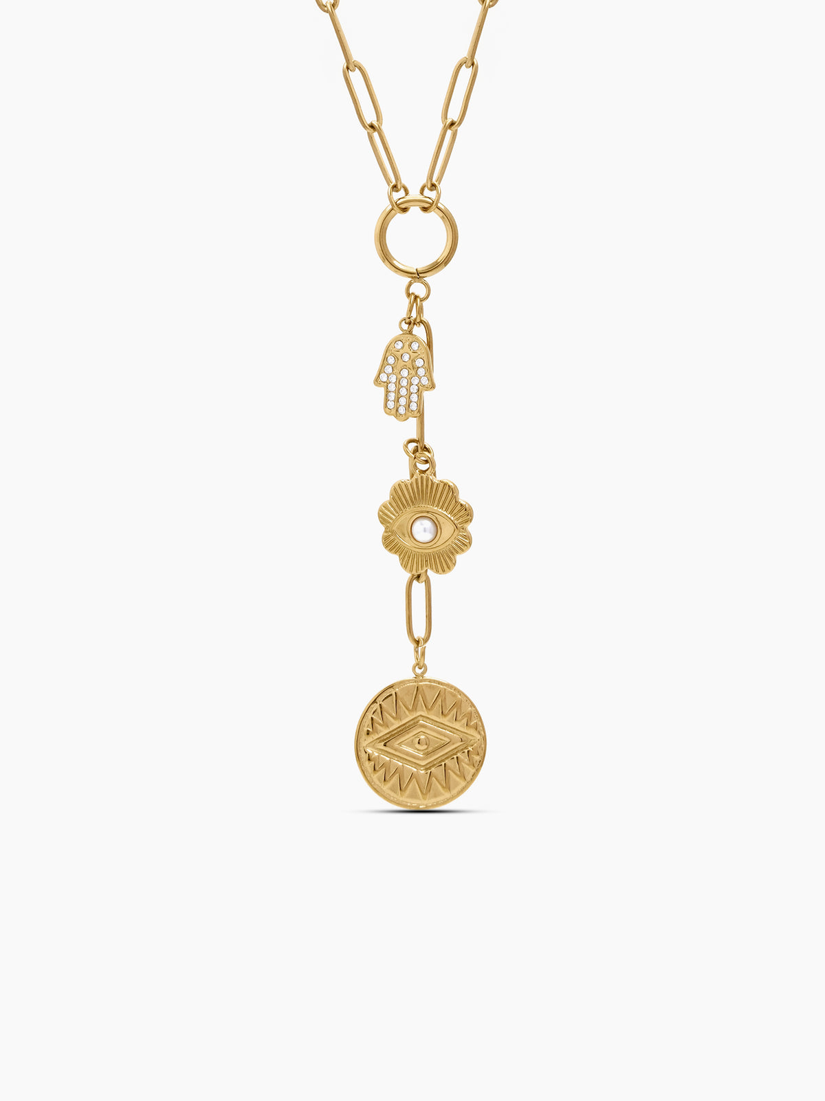 Skolli Diamond Hamsa Evil-Eye Pearl Charms 18K Gold Plated Women's Chain Pendant Y-Shaped Necklace