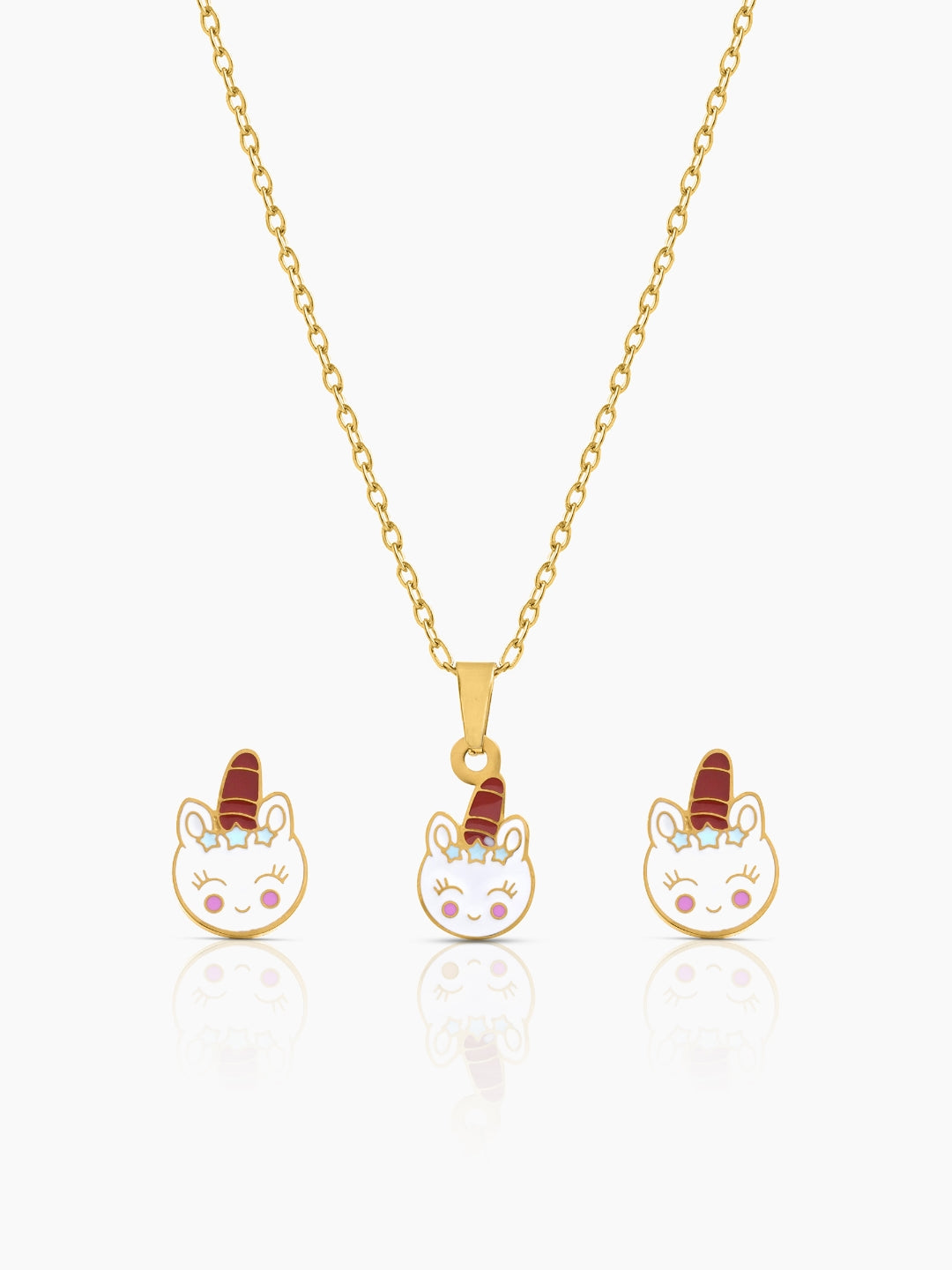 Smiley Unicorn Charm Kid's Jewelry Set Of 2 - Necklace & Stud Earrings