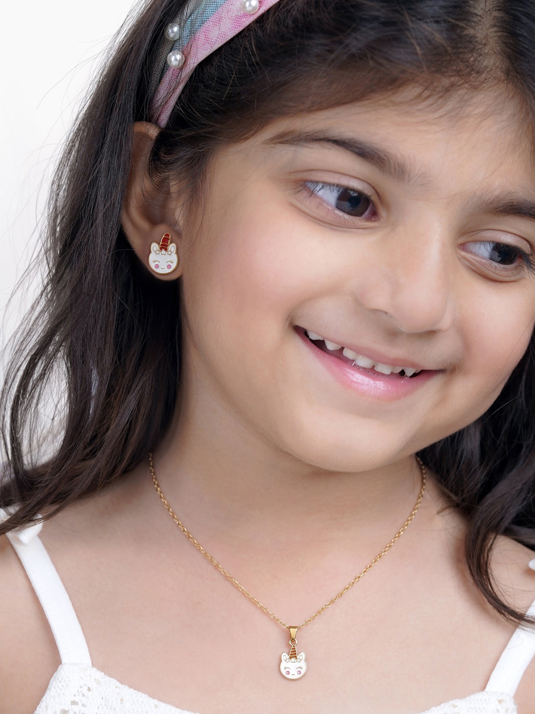 Smiley Unicorn Charm Kid's Jewelry Set Of 2 - Necklace & Stud Earrings