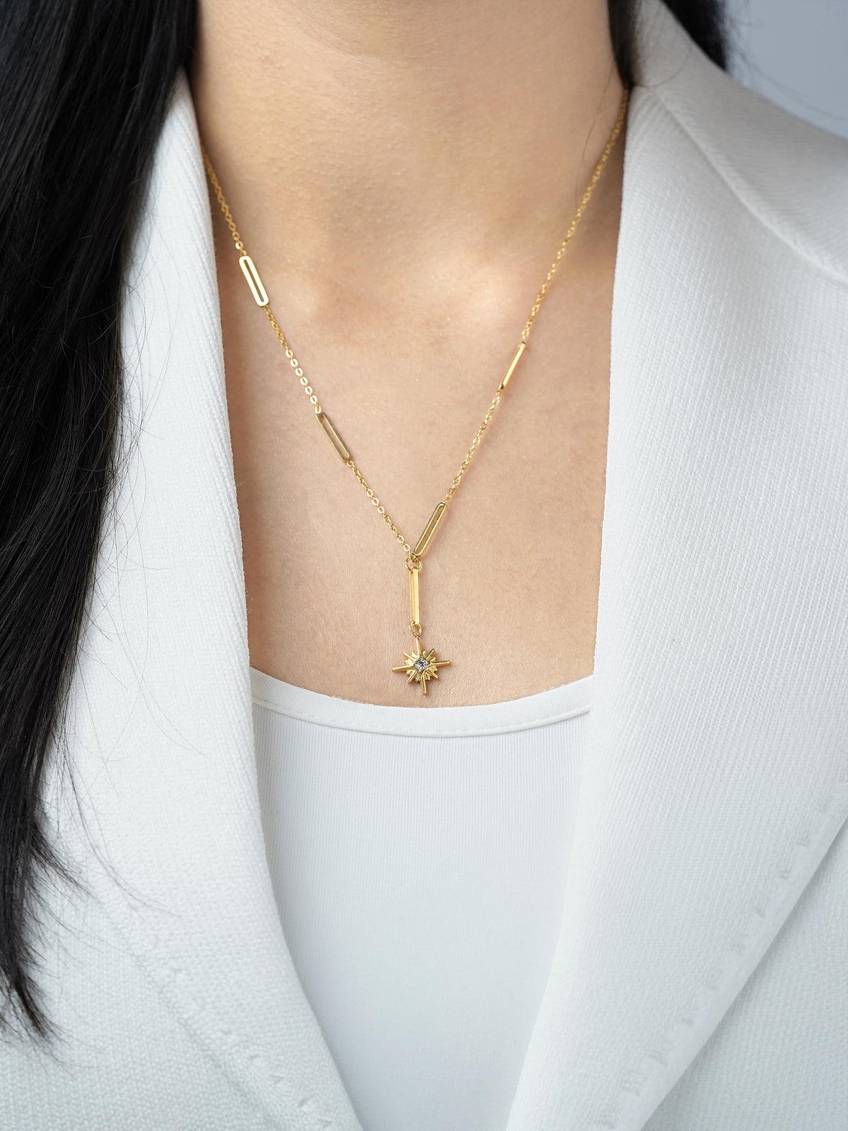 Solar Starbrust Charm 18K Gold Plated Y-shaped Chain Pendant Necklace