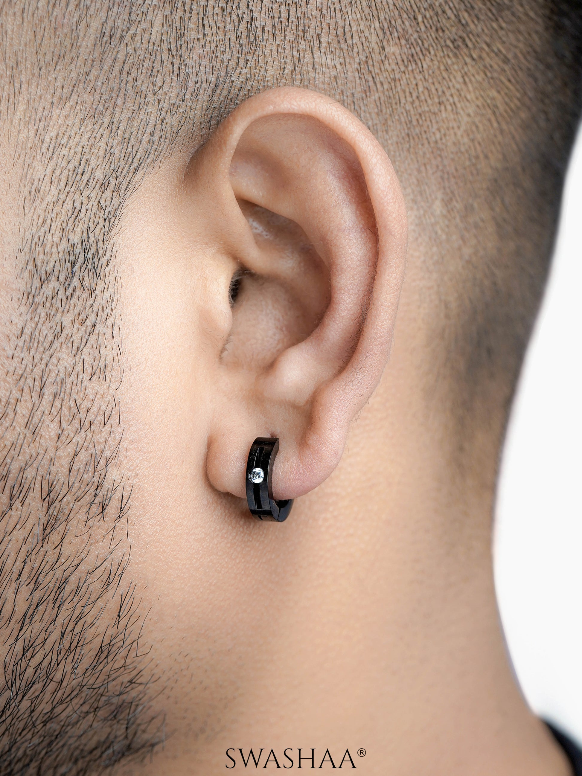 Solaris CZ Studed Diamond Black Men's Hoop Earrings