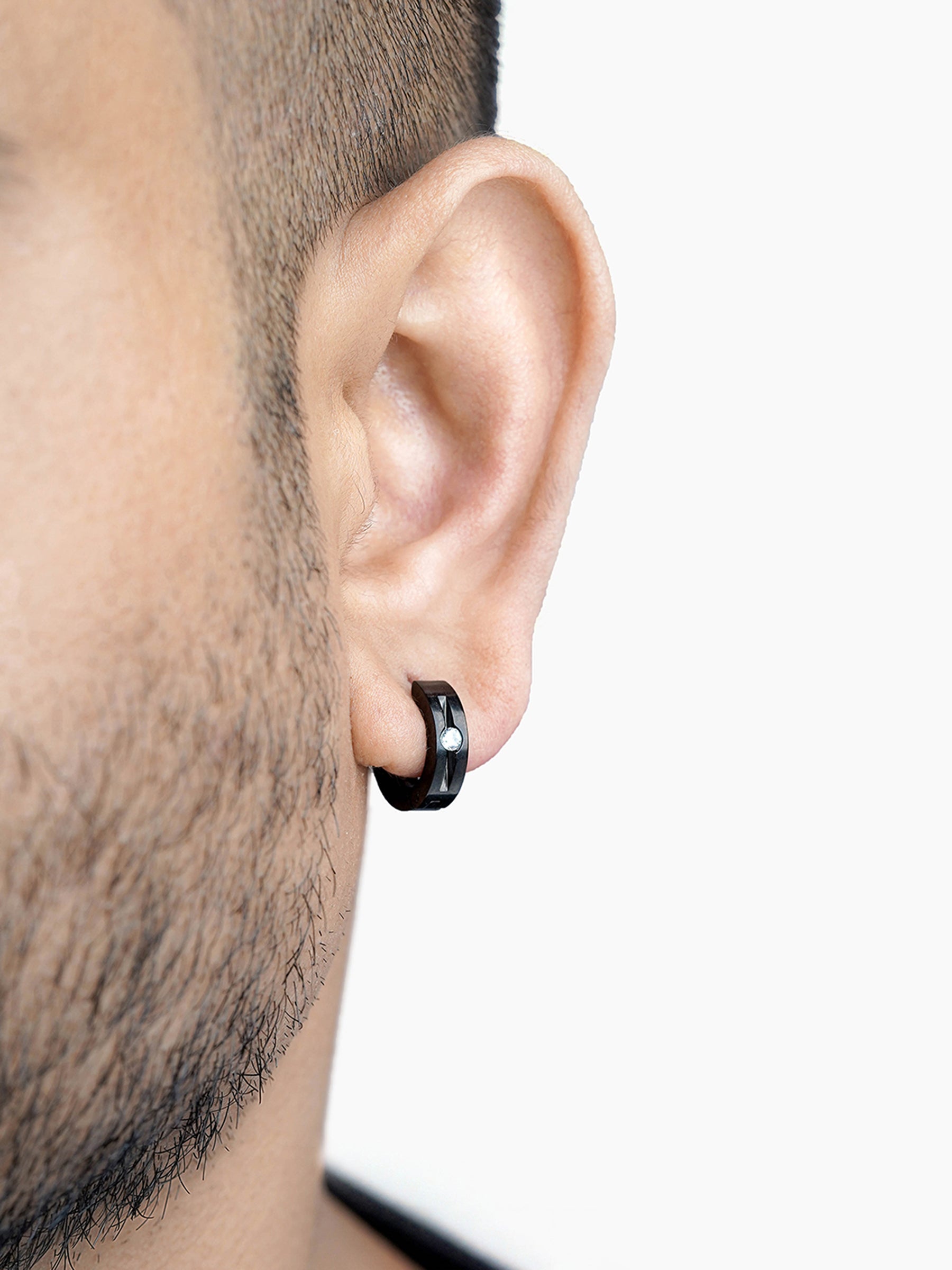 Solaris CZ Studed Diamond Black Men's Hoop Earrings