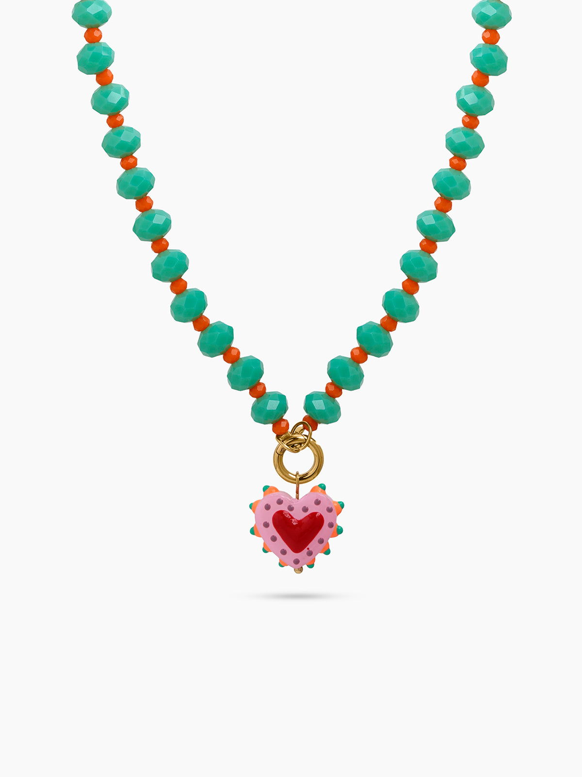 Solis Pink Heart Green Beads Women's Beaded Chain Pendant Necklaces