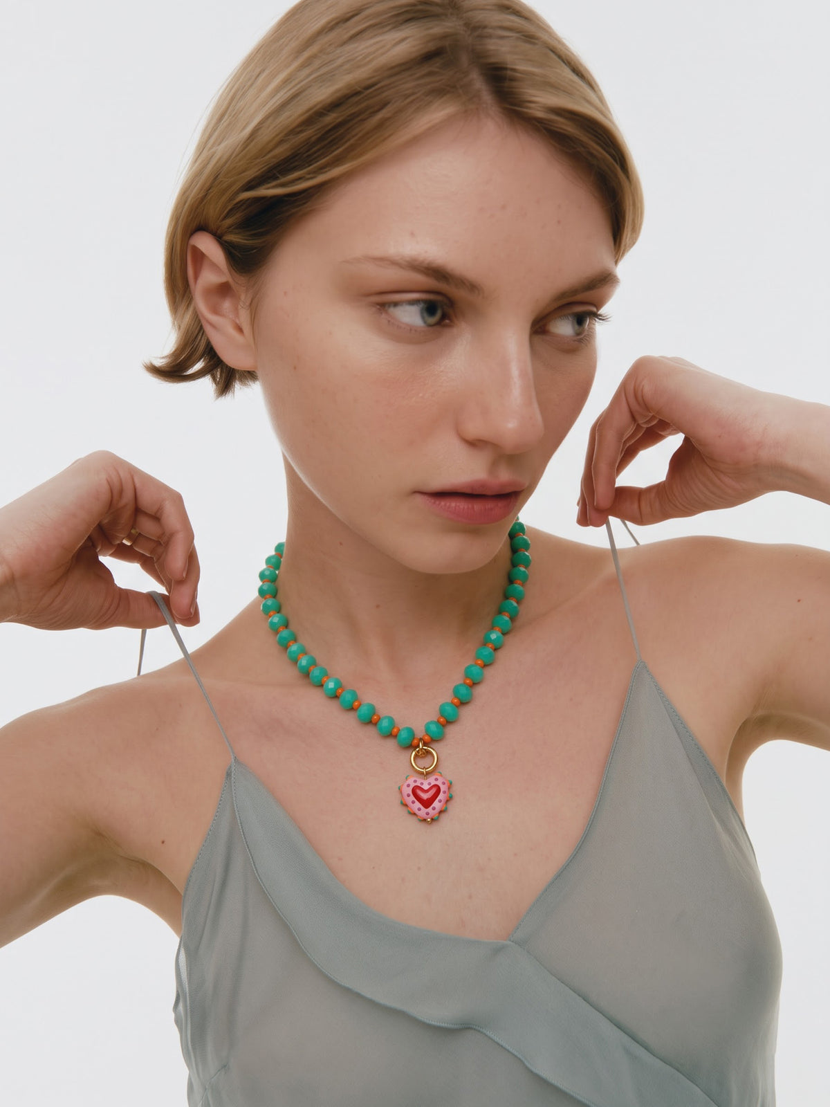 Solis Pink Heart Green Beads Women's Beaded Chain Pendant Necklaces