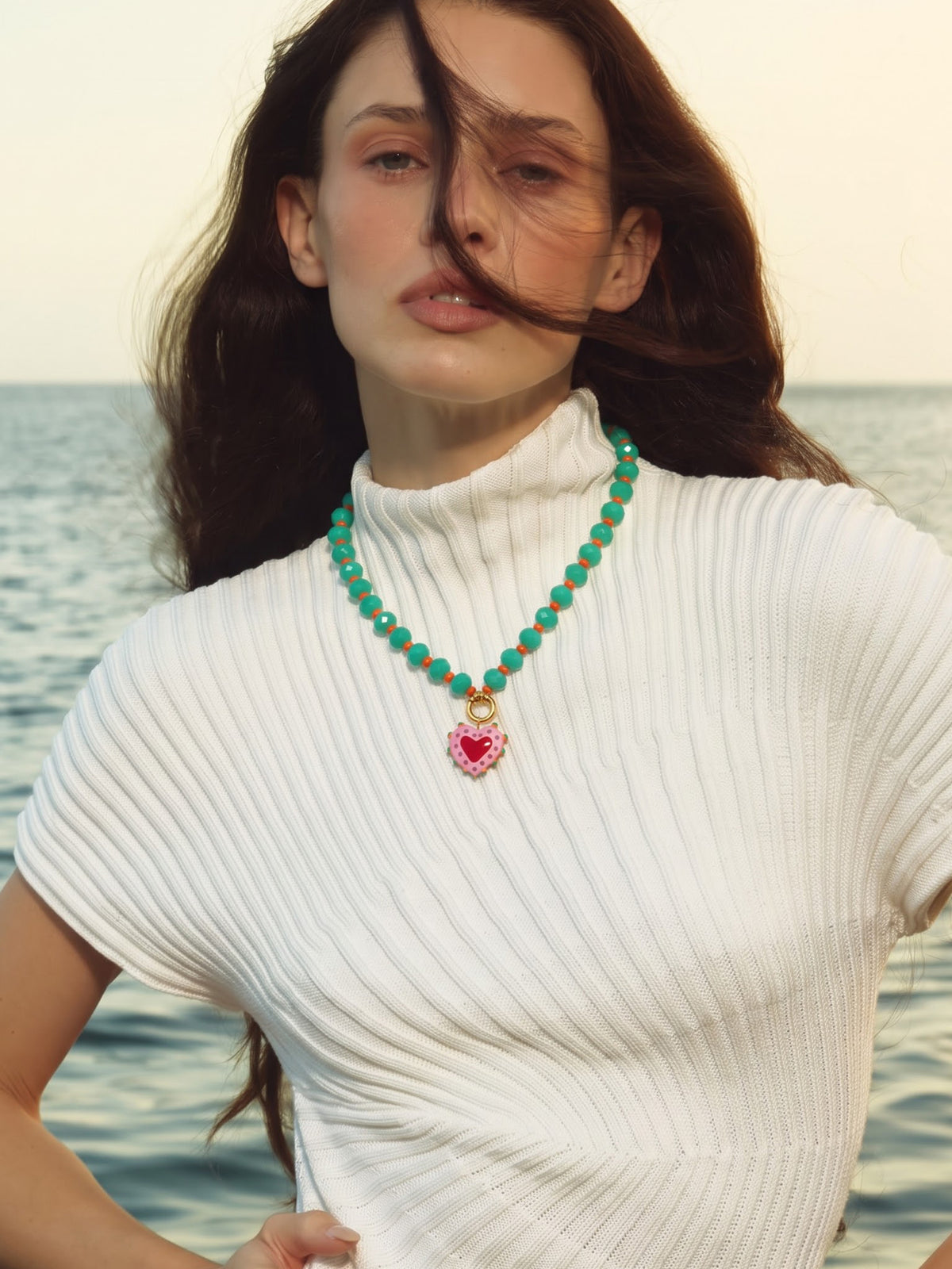 Solis Pink Heart Green Beads Women's Beaded Chain Pendant Necklaces