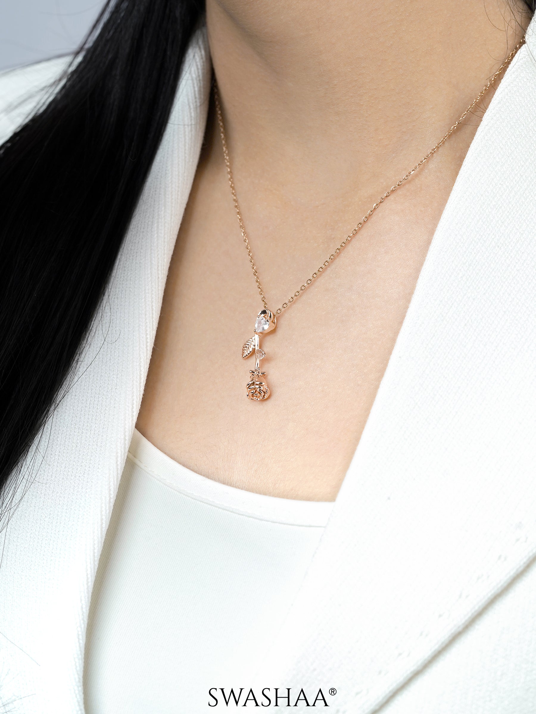 Solitaire Rose Charm Rosegold Plated Chain Pendant Necklace