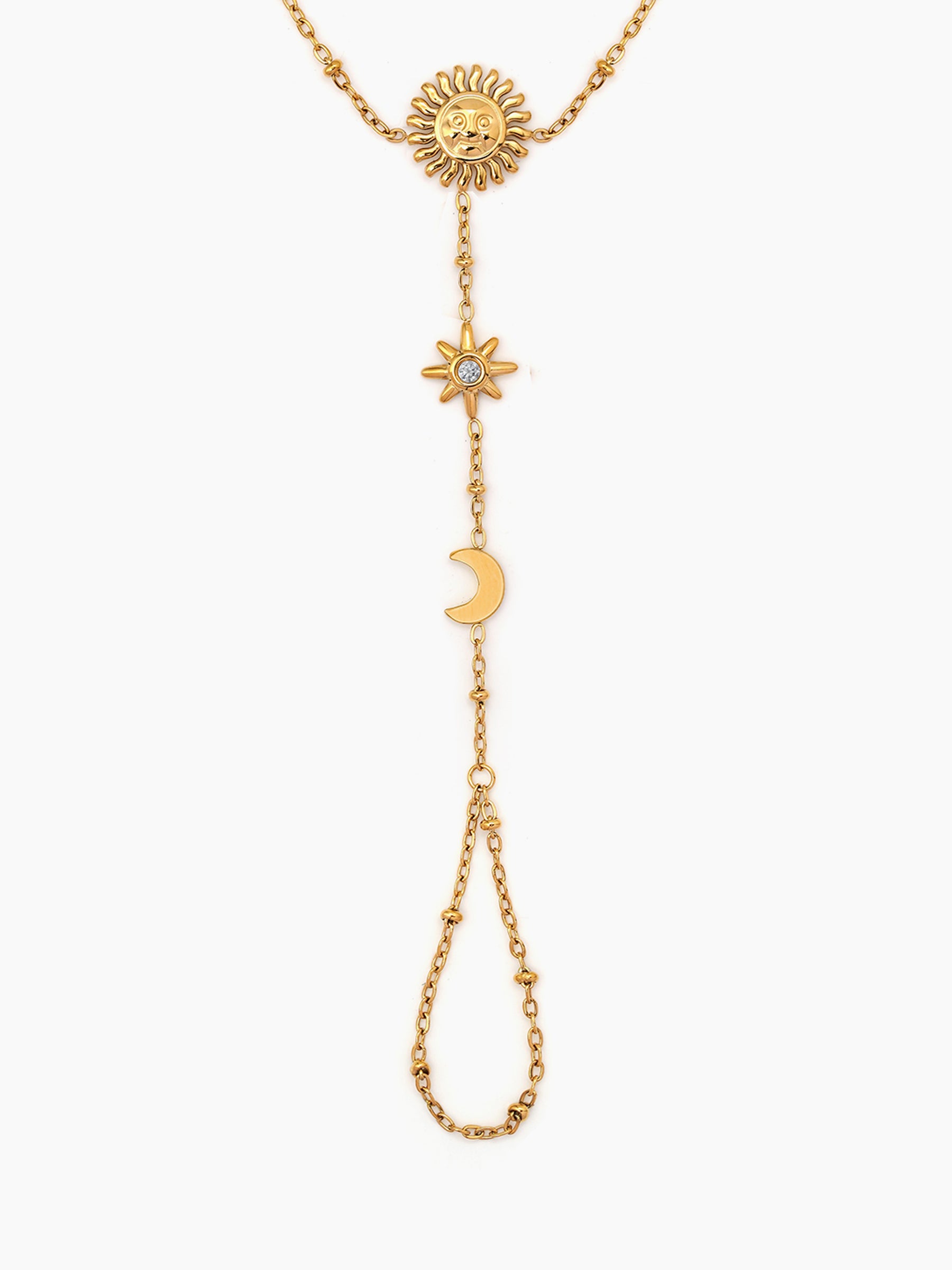 Solmeya Celestial Sun, Moon, Star Diamond Solitaire Sky Charms Beaded 18K Gold Plated Women's Ring Bracelet