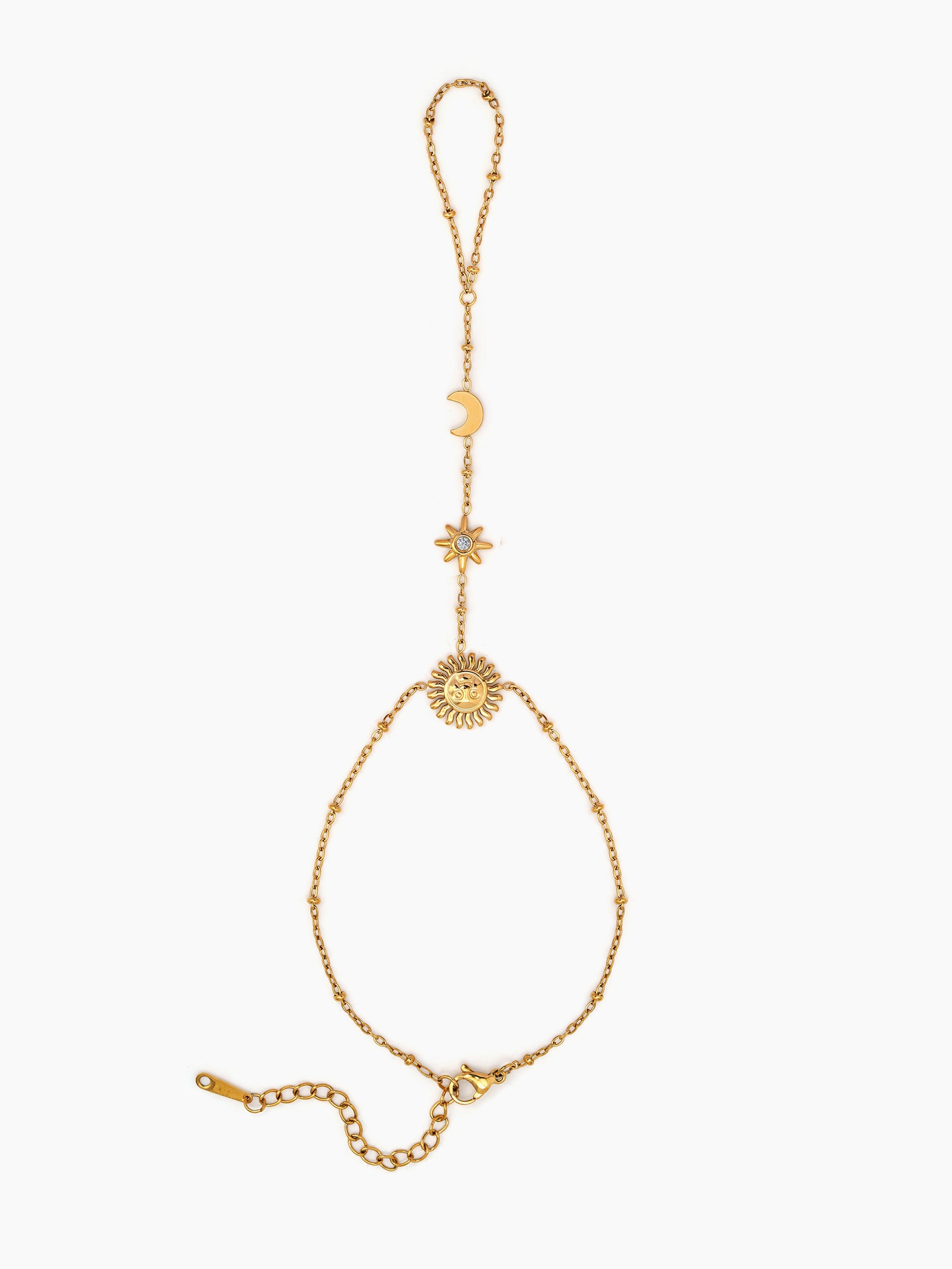 Solmeya Celestial Sun, Moon, Star Diamond Solitaire Sky Charms Beaded 18K Gold Plated Women's Ring Bracelet