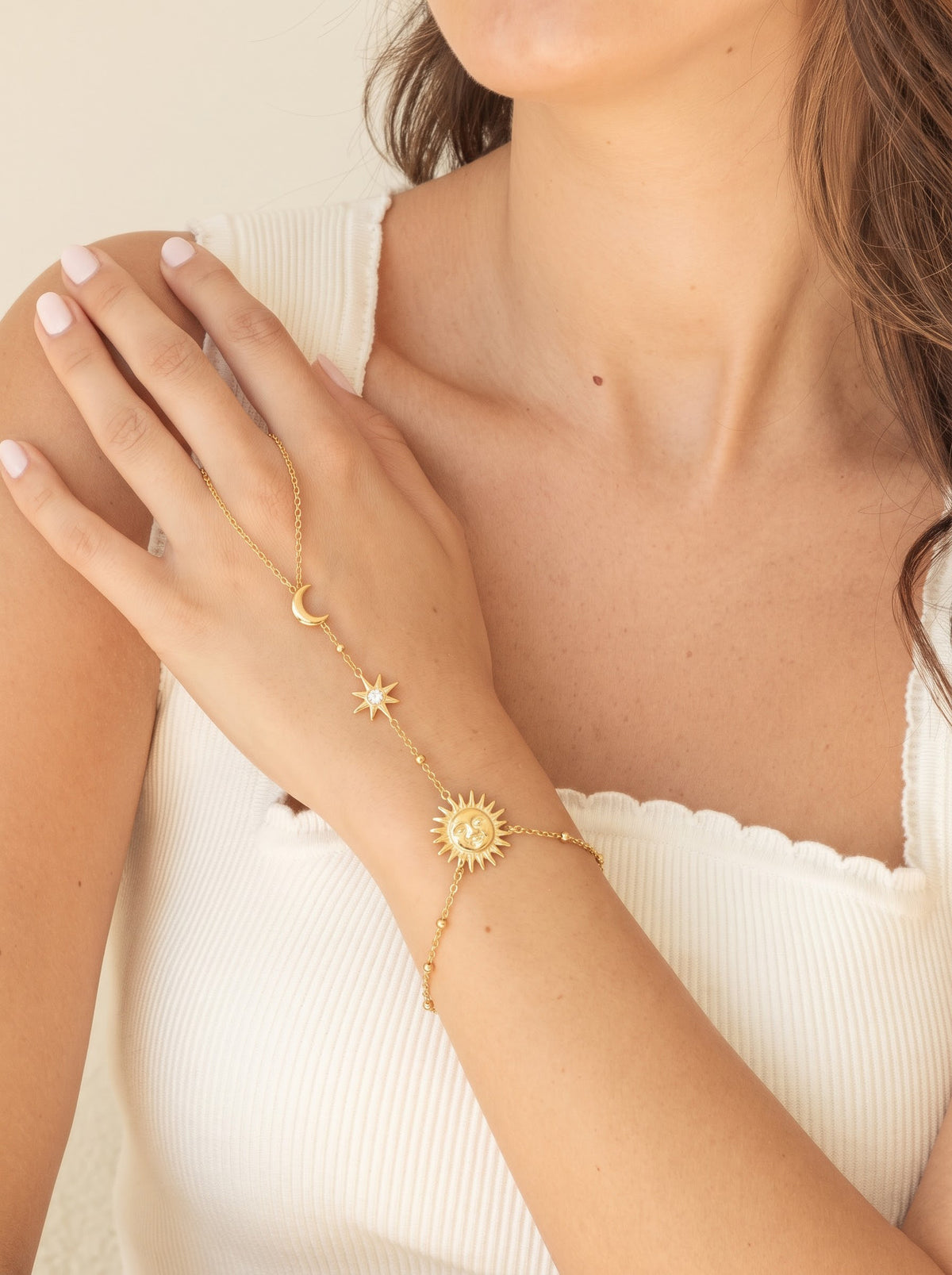 Solmeya Celestial Sun, Moon, Star Diamond Solitaire Sky Charms Beaded 18K Gold Plated Women's Ring Bracelet