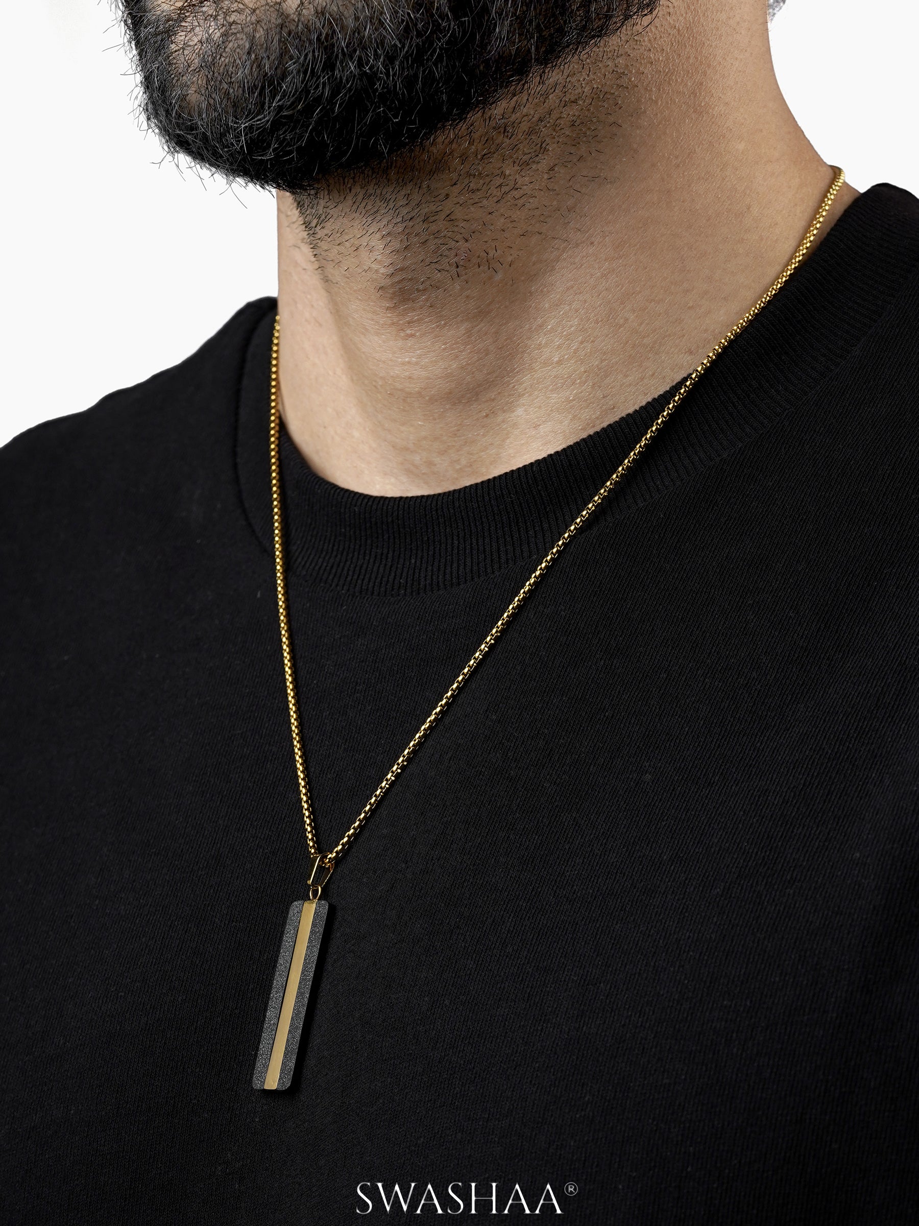 Solomon Matte Black Gold Strip 18K Gold Plated Men's Chain Pendant