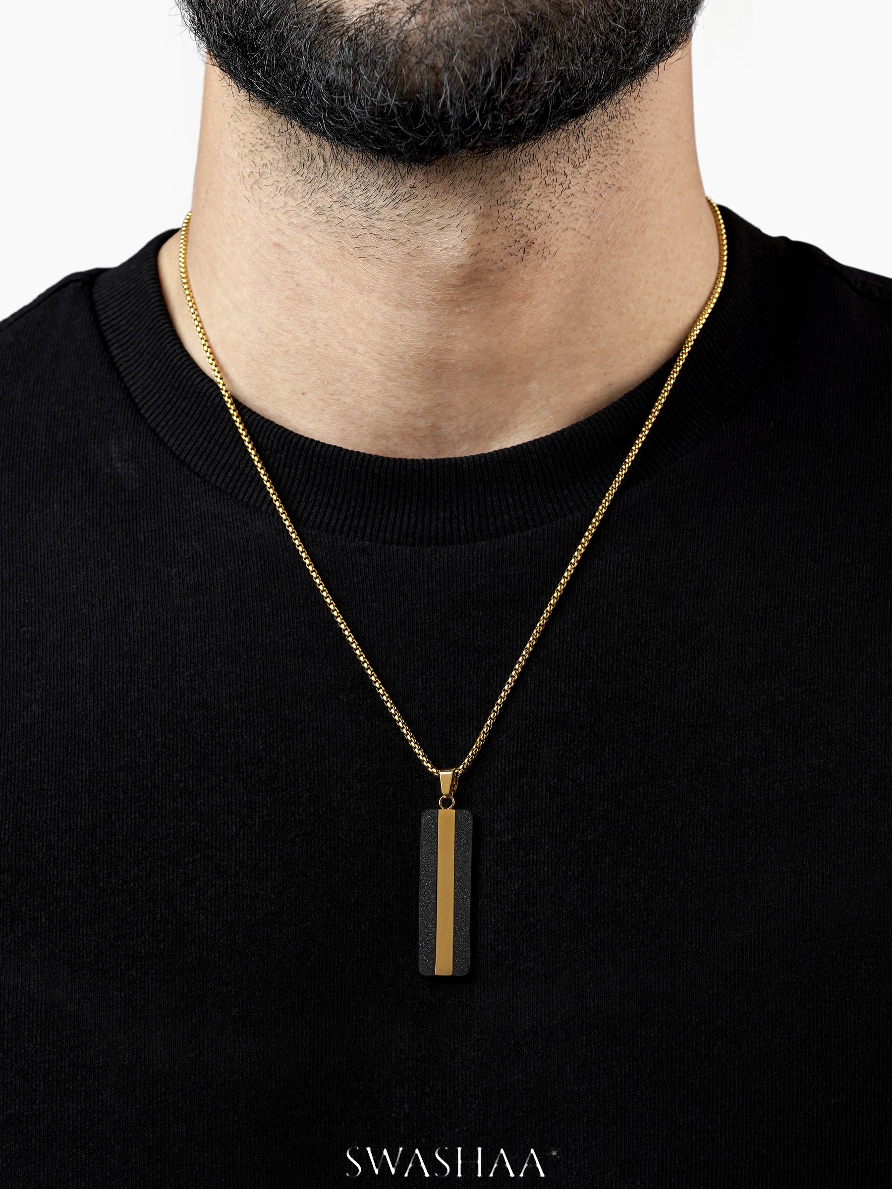 Solomon Matte Black Gold Strip 18K Gold Plated Men's Chain Pendant