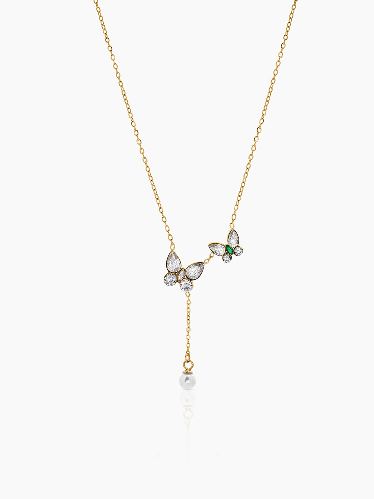 Soriel Butterfly Pearl Drop Diamomd Solitaire 18K Gold Plated Women's Chain Y - Shaped Necklace