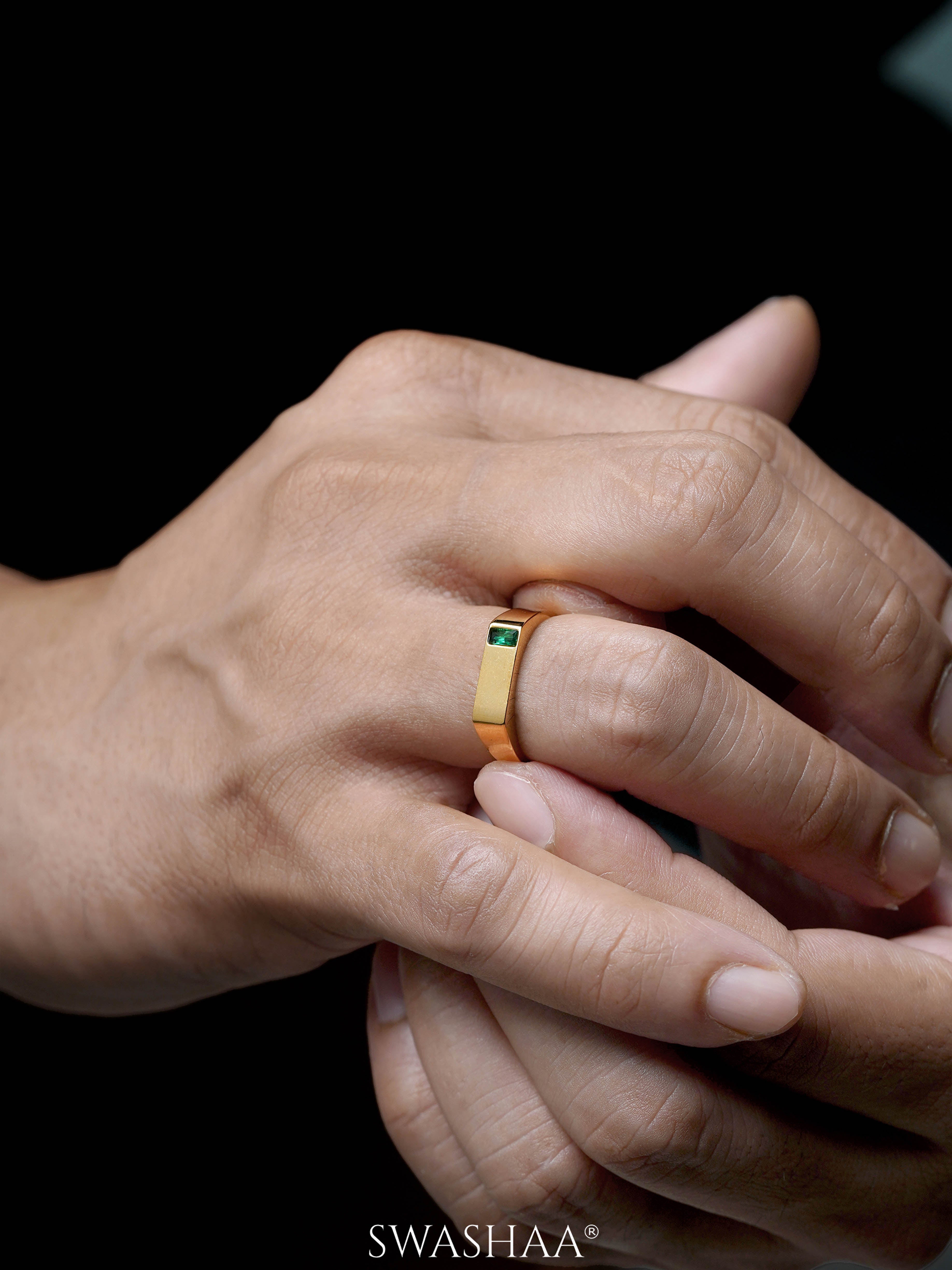 Sorin Green Solitaire Baguette Signet Band Men's Ring