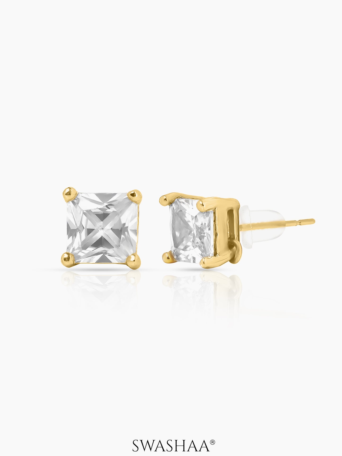 Square Solitaire 18K Gold Plated Stud Earrings
